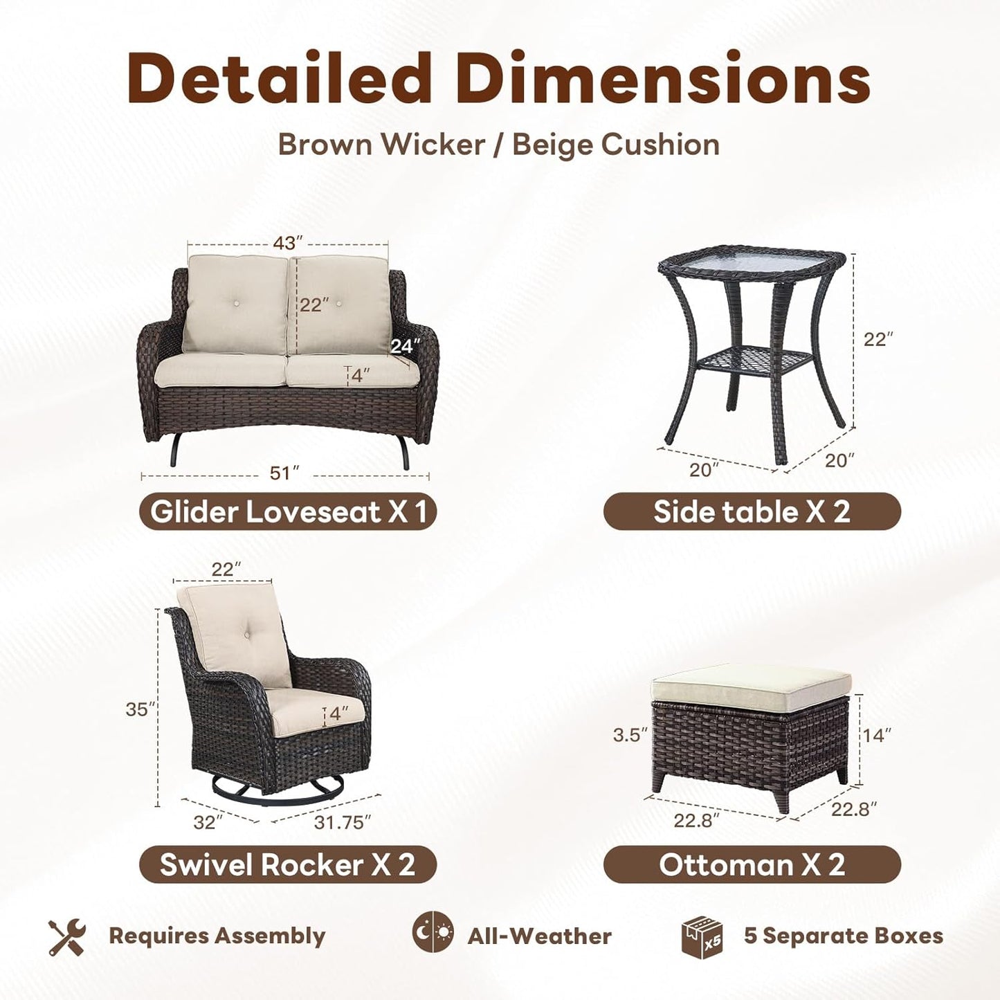 Outdoor Patio Furniture Set - 7 Piece Brown Wicker Conversation Patio Furniture Set All Weather Swivel Chairs with Ottoman and Loveseat Glider Chair for Deck Balcony Backyard