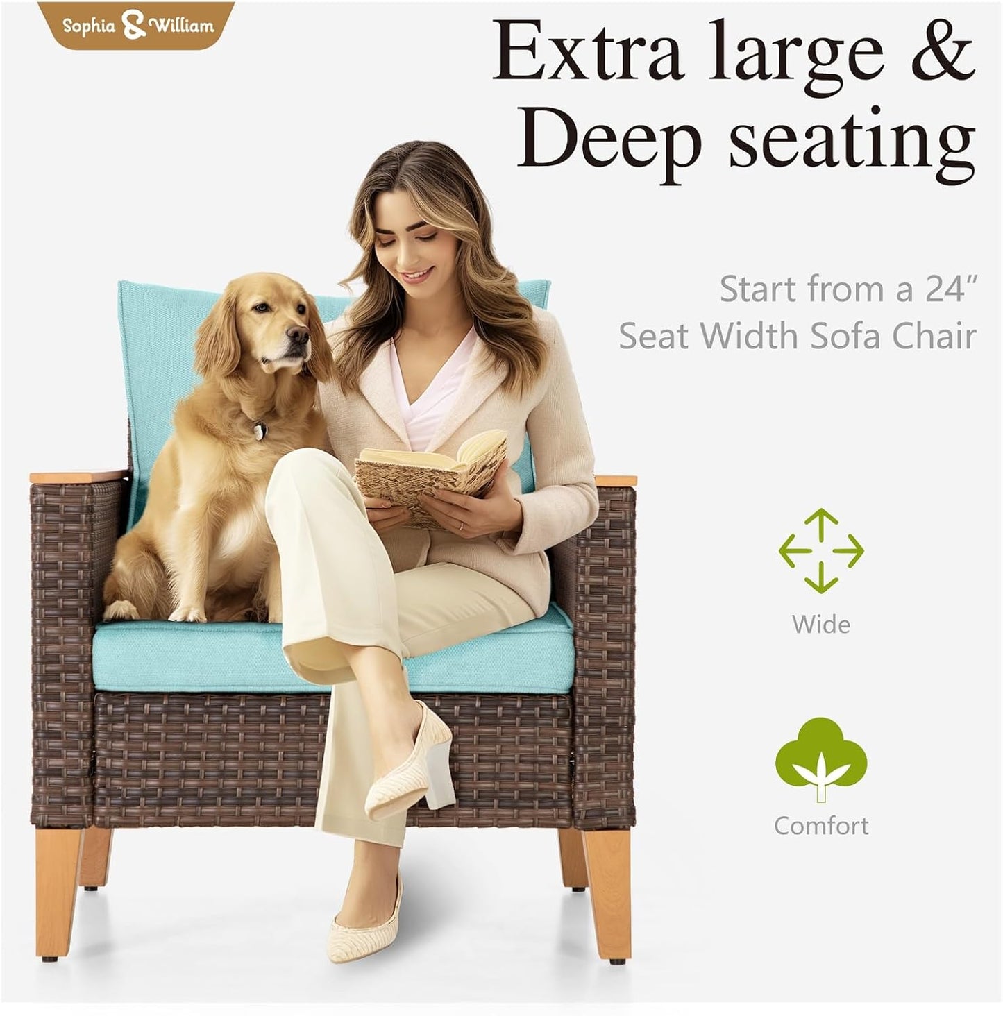 Sophia & William Outdoor Wicker Sectional Sofa Set, 9 Piece Half Moon Curved Patio Furniture Modern Outdoor Couch Conversation Set with Ottoman for Backyard, Pool, Garden(Aqua Blue)