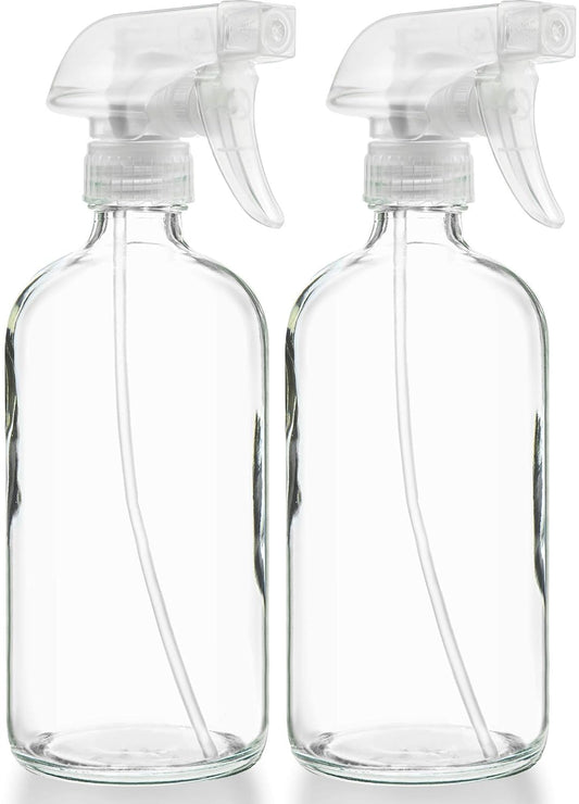 Sally's Organics® Empty Clear Glass Spray Bottles - Refillable 16 oz Containers for Essential Oils, Cleaning Products, Aromatherapy, Misting Plants, or Cooking - Sprayer with Mist and Stream - 2 Pack