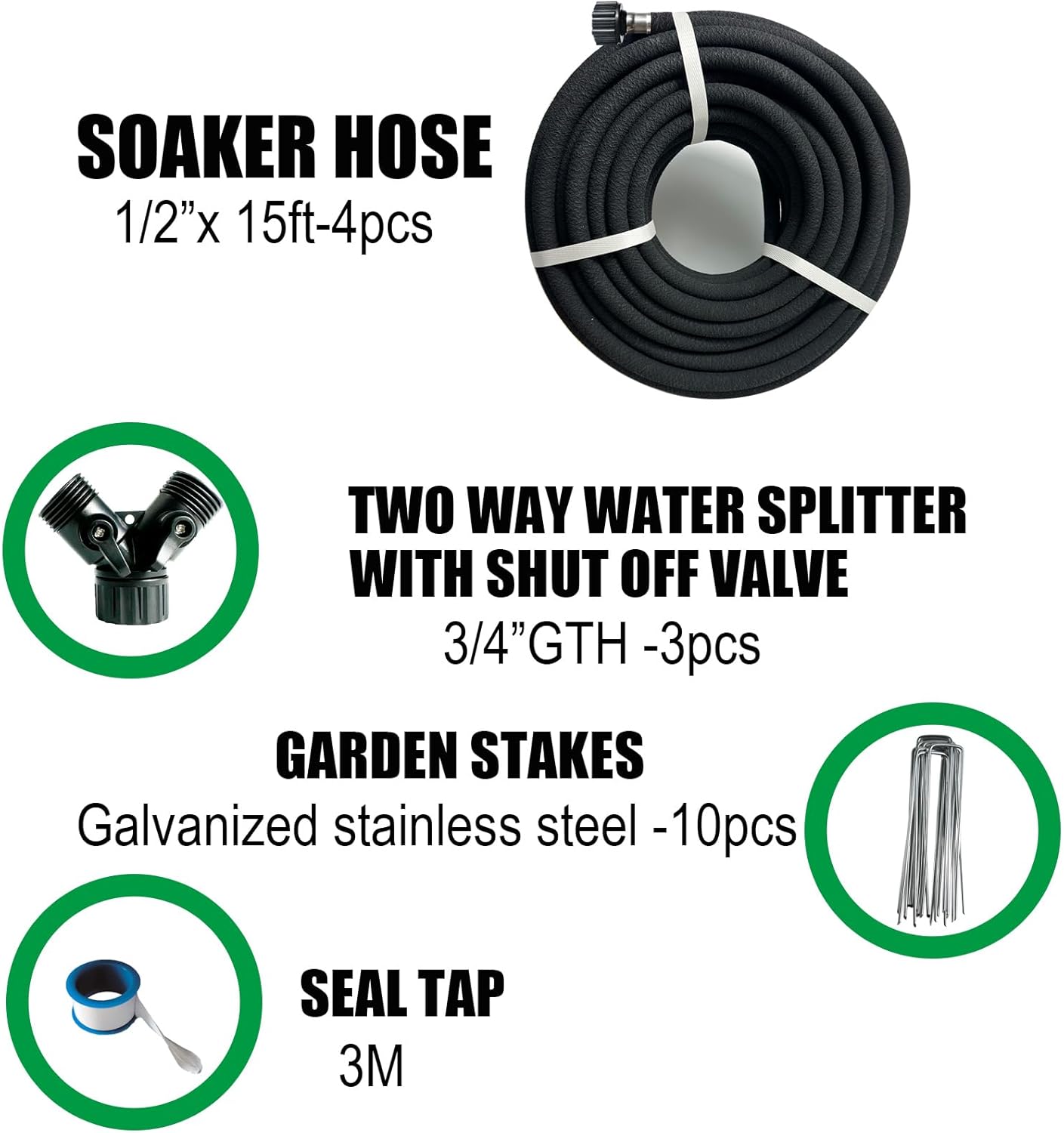 4 Pcs AMRITA Soaker Hose Kit 1/2 inch 15ft.Round Rubber Soaker Hose for Garden,Save water up to 70%,Great for Garden Beds,Trees,Vegetables,Flowers and Seedinds.(1/2-15ftx4)