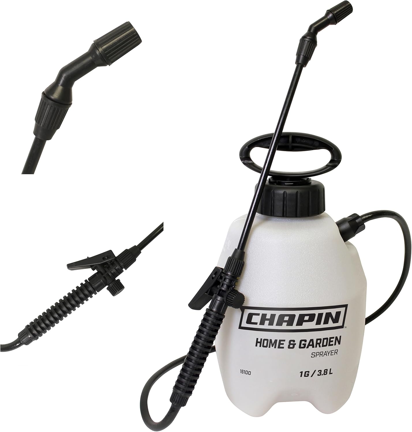 Chapin 16100 1-Gallon Made in USA Garden Pump Sprayer with Ergonomic Handle, Trigger Shut Off, Adjustable Cone Nozzle and in-Tank Filter, for Spraying Weeds, Insects, Fertilizers, Translucent White