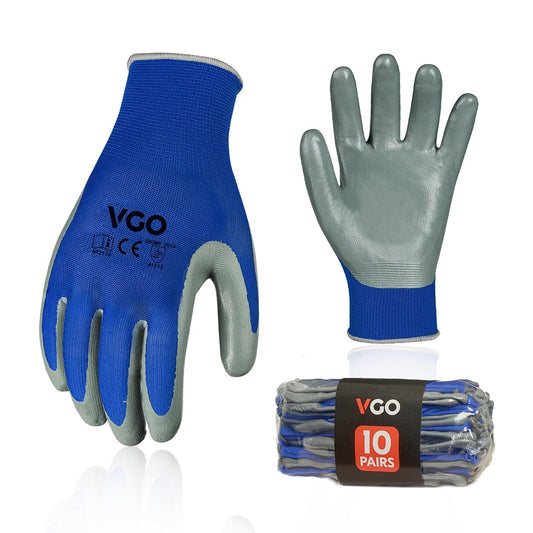Vgo... 10-Pairs Safety Work Gloves, Gardening Gloves, Non-slip Nitrile coating, Dipping Gloves (Size M, Blue, NT2110)