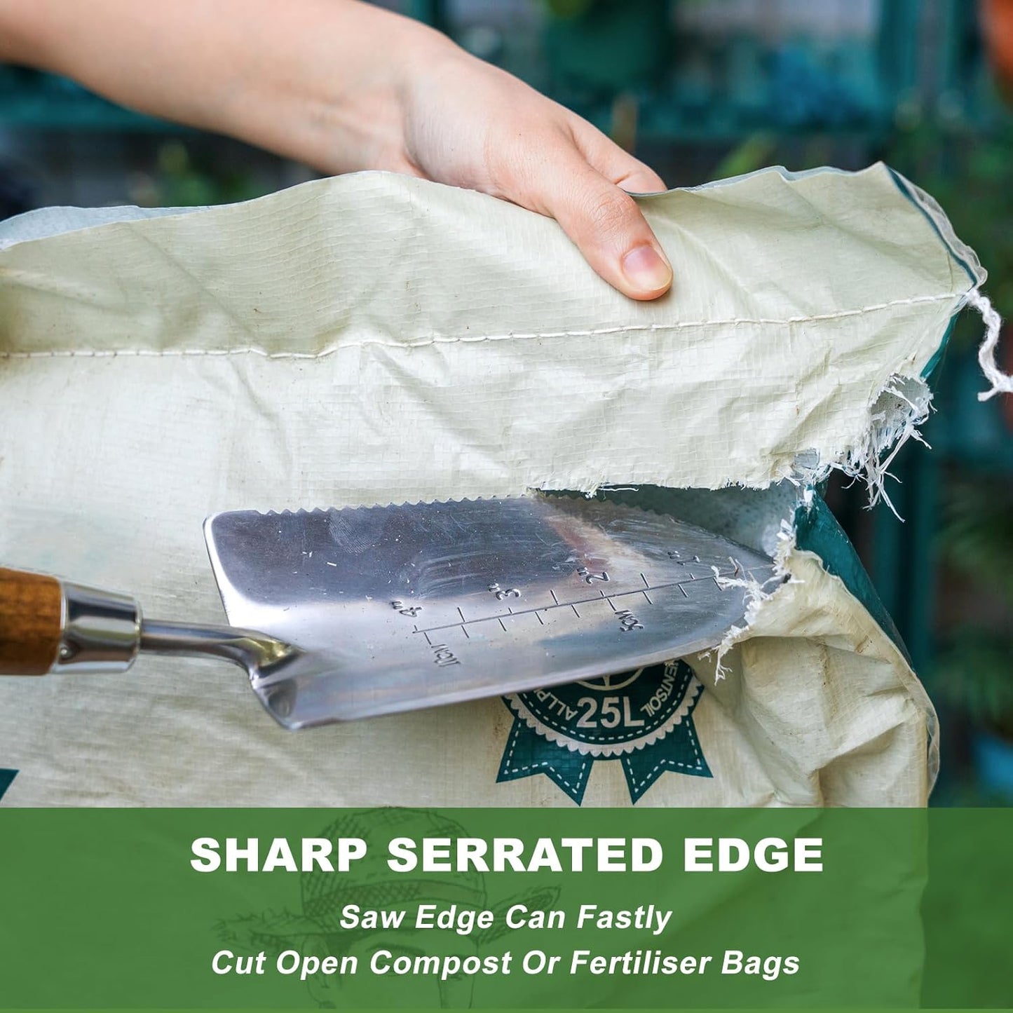 Haliaeetus Garden Trowel with Serrated Edge, 4'' Depth Marks Planting Shovel, V-Shaped Sharp Edge Garden Tool, Stainless Steel with Comfortable Wood Handle for Planting and Weeding