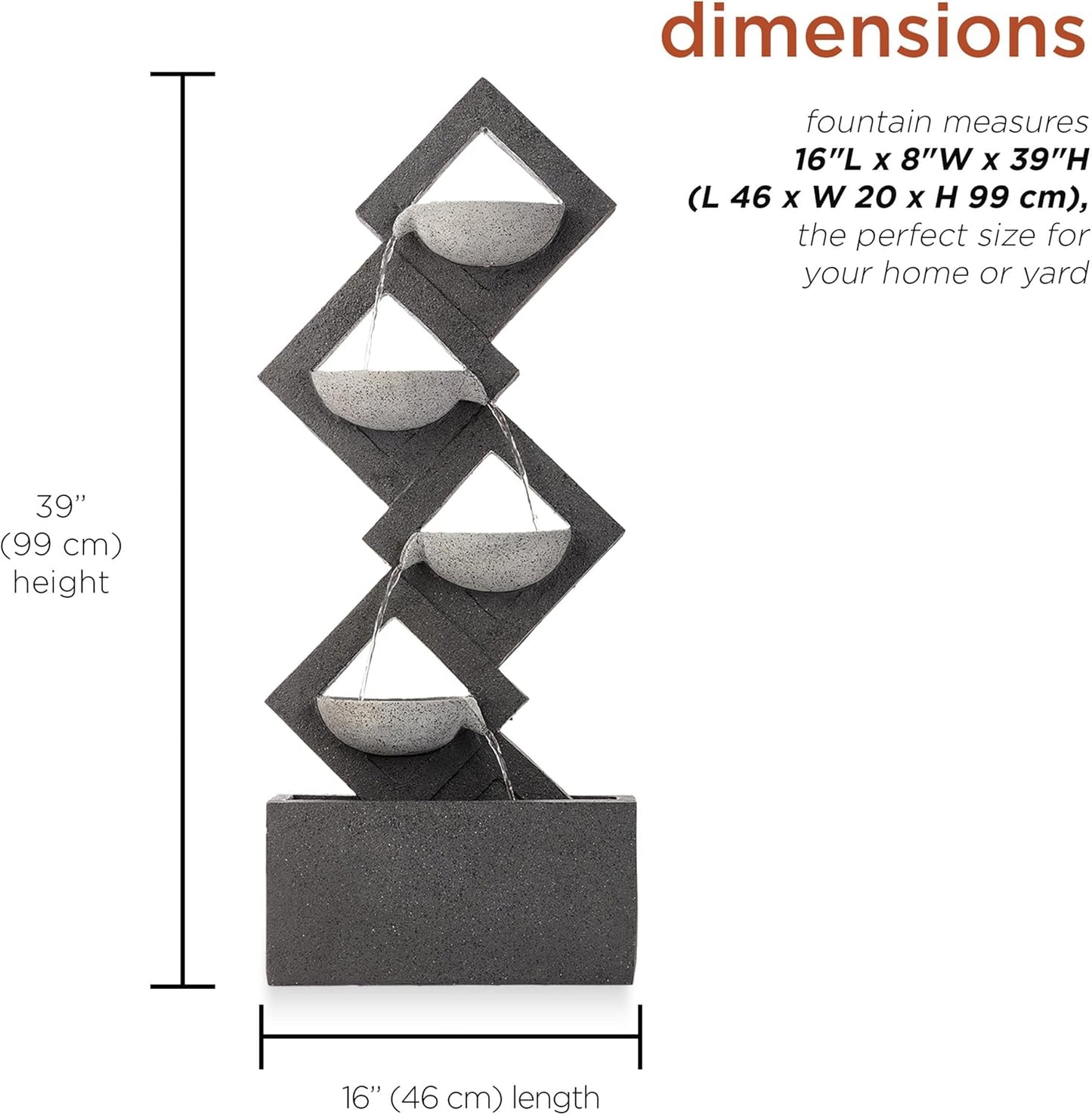 Alpine Corporation GIL1642 Outdoor Floor 4-Tiered Stone-Inspired Waterfall Fountain with LED Lights, 39", Gray