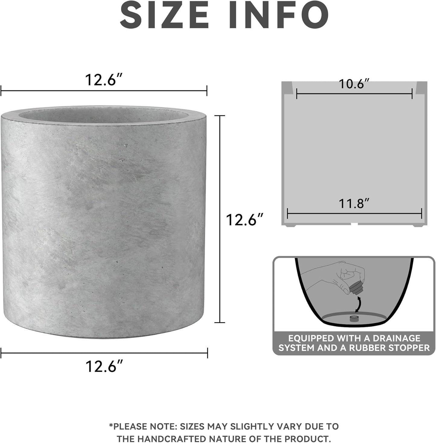 Kante 12.6" Dia Round Concrete Planter, Modern Style Large Cylindrical Plant Pot with Drainage Hole and Rubber Plug for Indoor Outdoor Patio, Natural Concrete