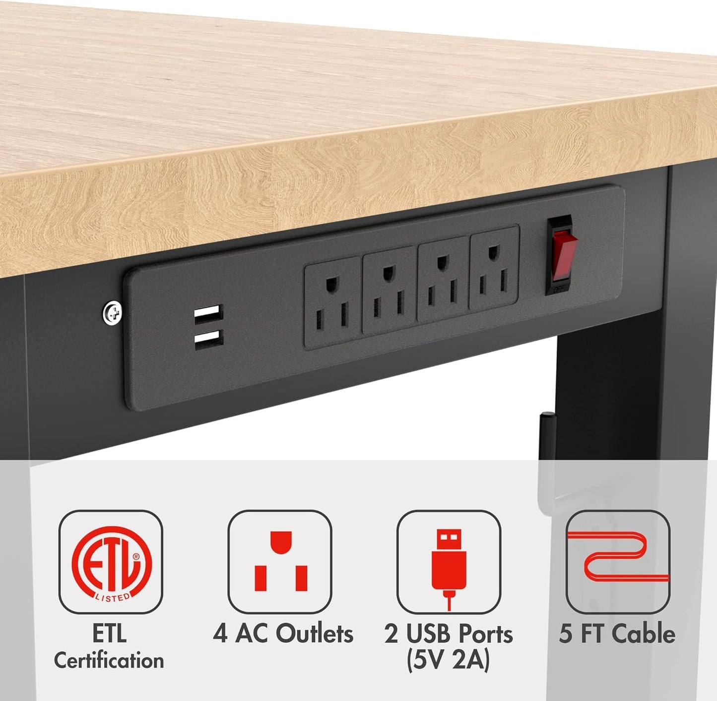 WORKPRO 48" Adjustable Workbench, Rubber Wood Top Heavy-Duty Workstation, 2000 LBS Load Capacity Hardwood Worktable with Power Outlets, for Workshop, Garage, Pack of 10