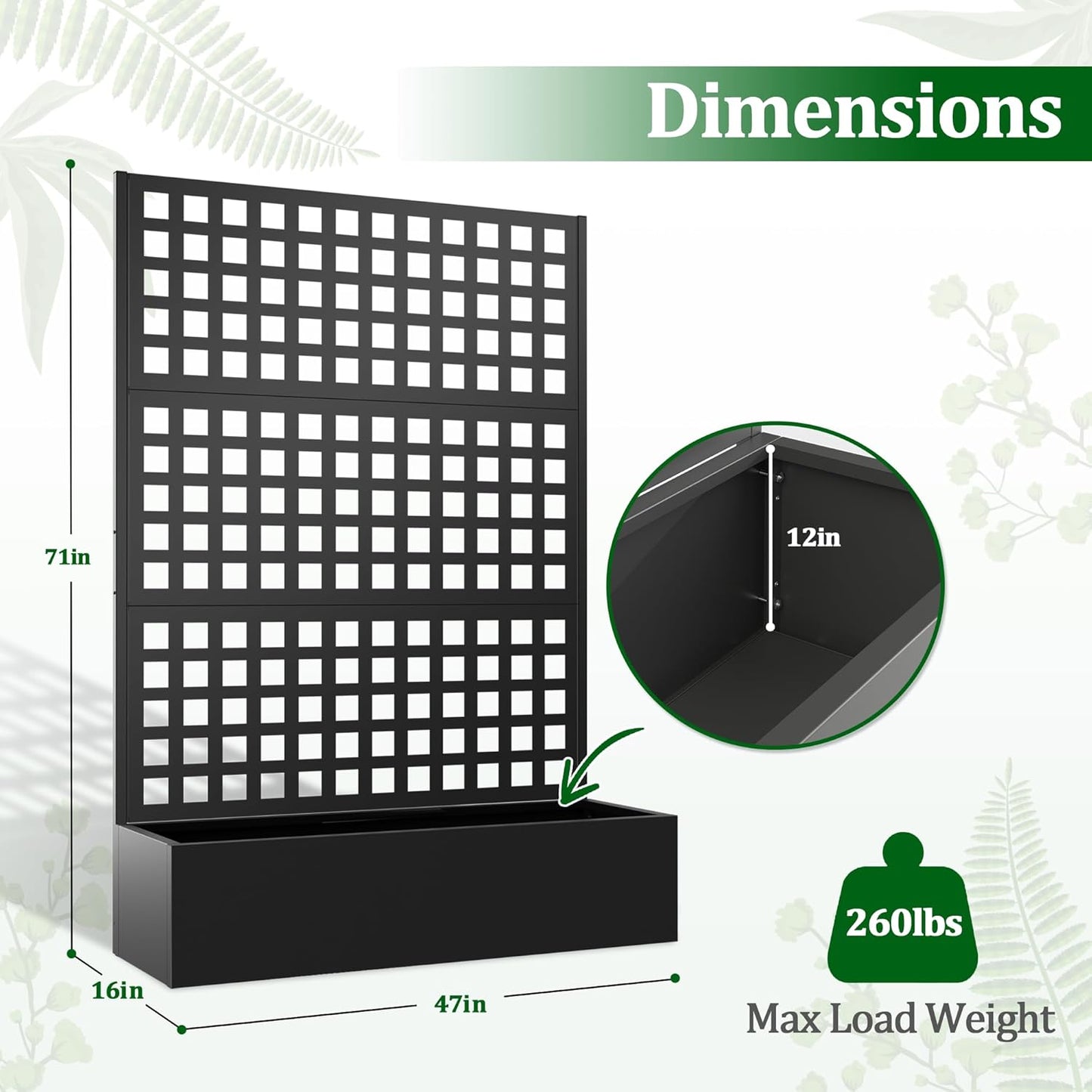 Metal Raised Garden Bed with Trellis, 2 in 1 Trellis with Planter Box & Privacy Screen for Climbing Plants, Vine, Outdoor Standing Flower Beds with Drainage Holes, 47.2"L x 16.7"W x 70.8"H, Black