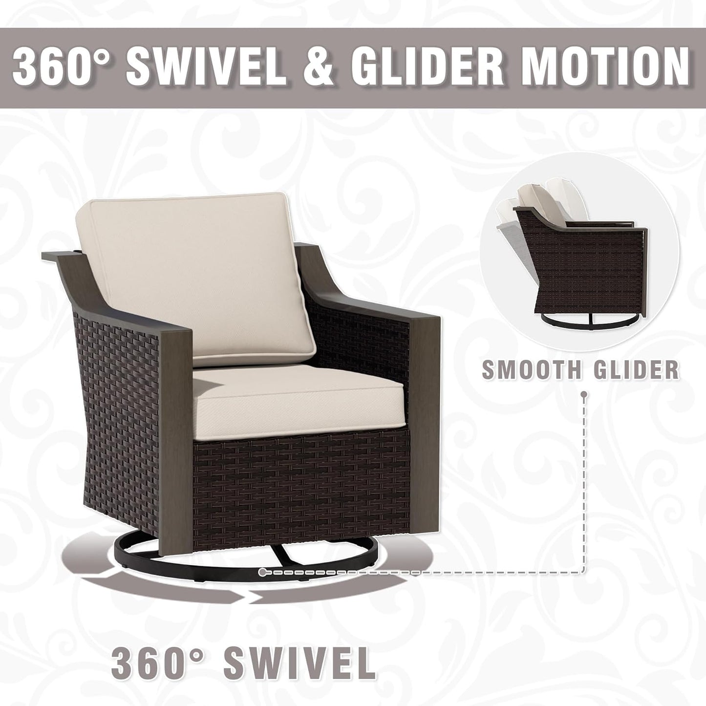 Outdoor Wicker Swivel Chair Set of 2, All-Weather Use Patio Rattan Chair with Removable Water-Resistant Cushion, Ideal for Porch, Backyard, Balcony, Poolside, Beige