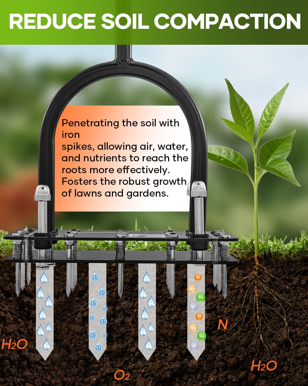 Saker Lawn Aerator Tool, Lawn Aerator with 15 Iron Spikes, Automatic Leaf and Dirt Cleaning with Spring-Loaded Design, Metal Manual Aerator for Loosening Soil Aerating Patio, Yard, Garden Orange