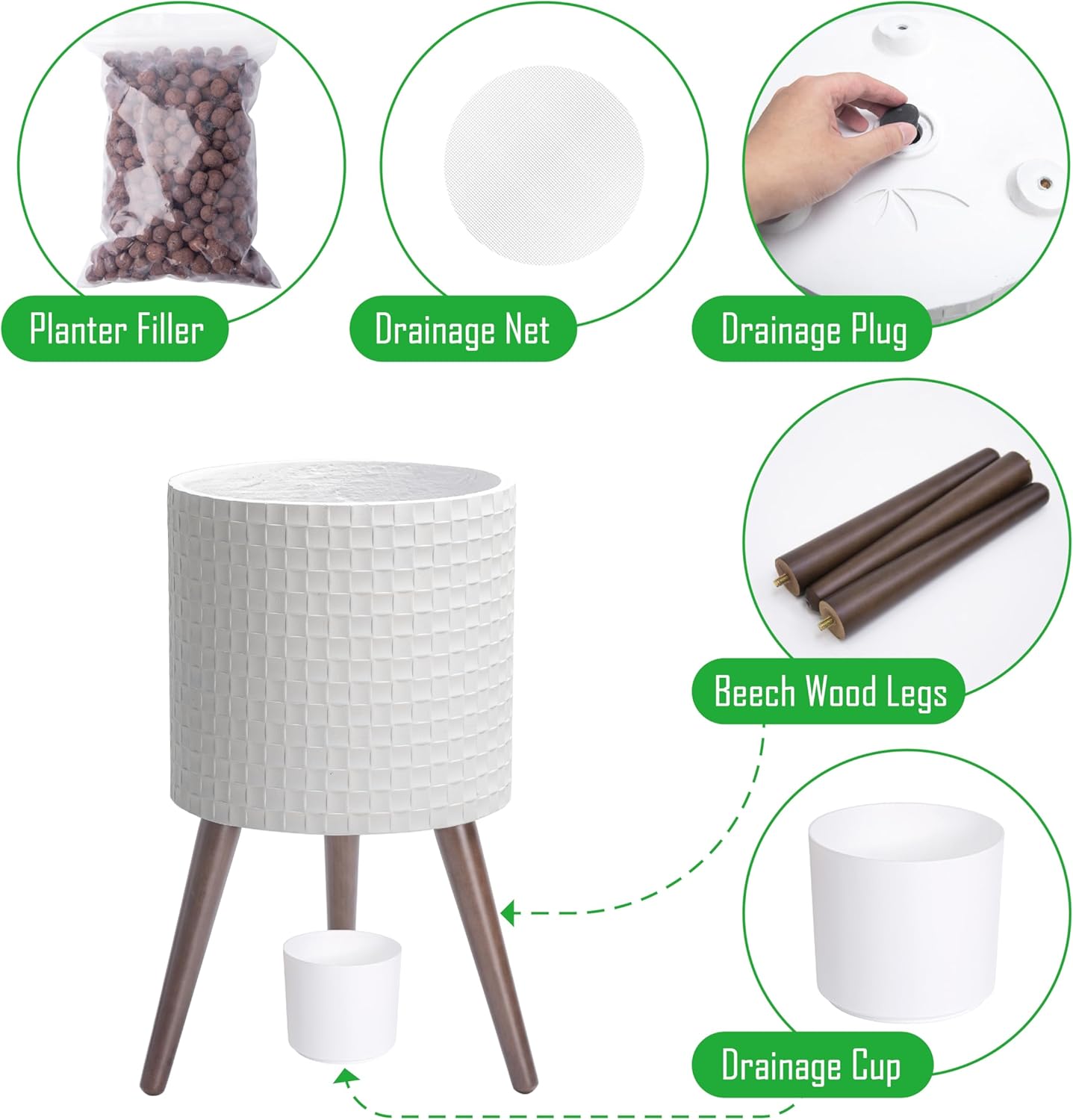 D'vine Dev 12 Inch Modern Geometric Tile Patterned Sleek Planter Pot with Stand, Indoor Outdoor Decorative Plant Holder, Matte White, 88-Z-C-1