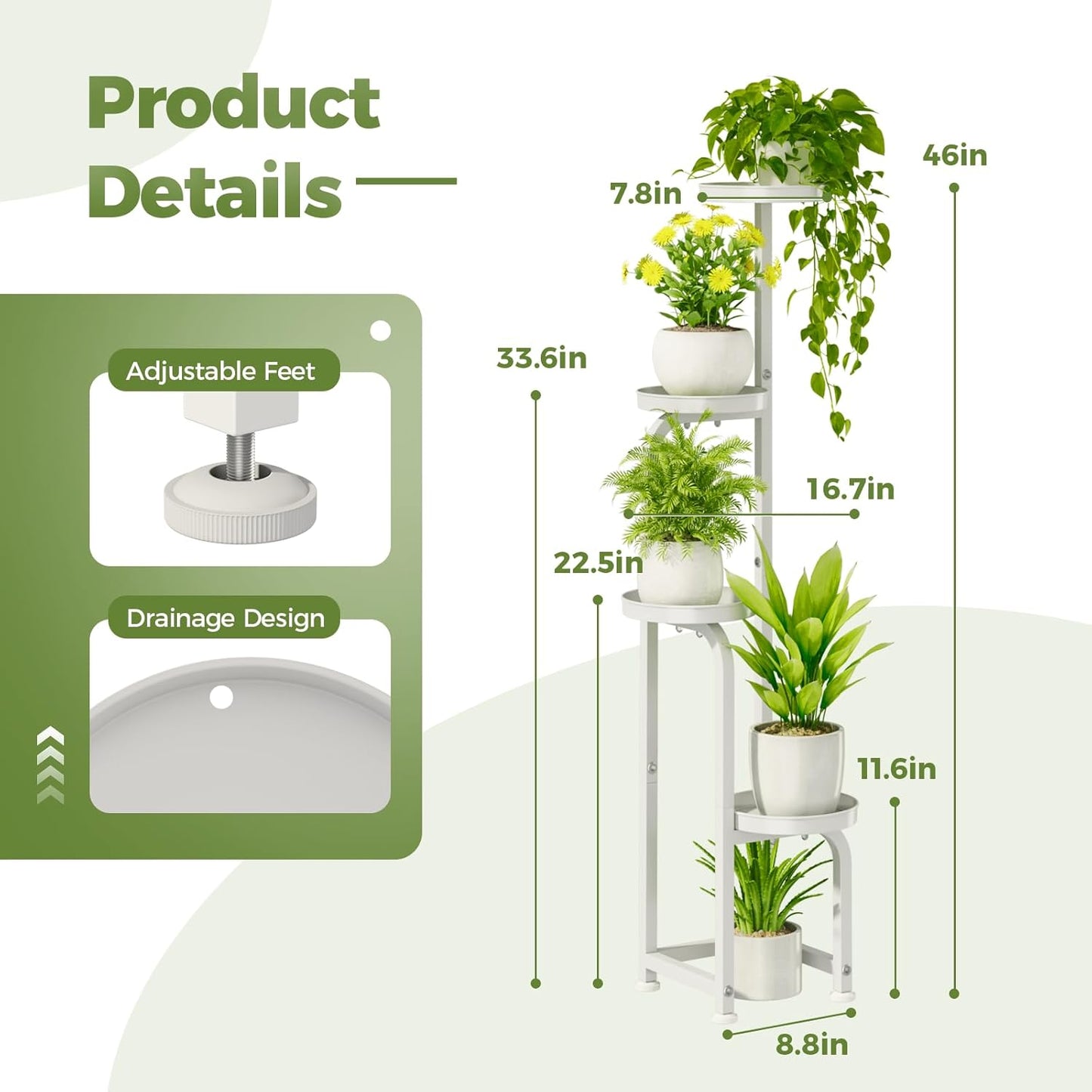 Bamworld Corner Plant Stand Indoor Outdoor, Tall Metal Flower Pot Stands for Multiple Plants, 4 Tier White Heavy Duty Plant Shelf for Patio Garden Balcony Living Room Bedroom(Patent Design)