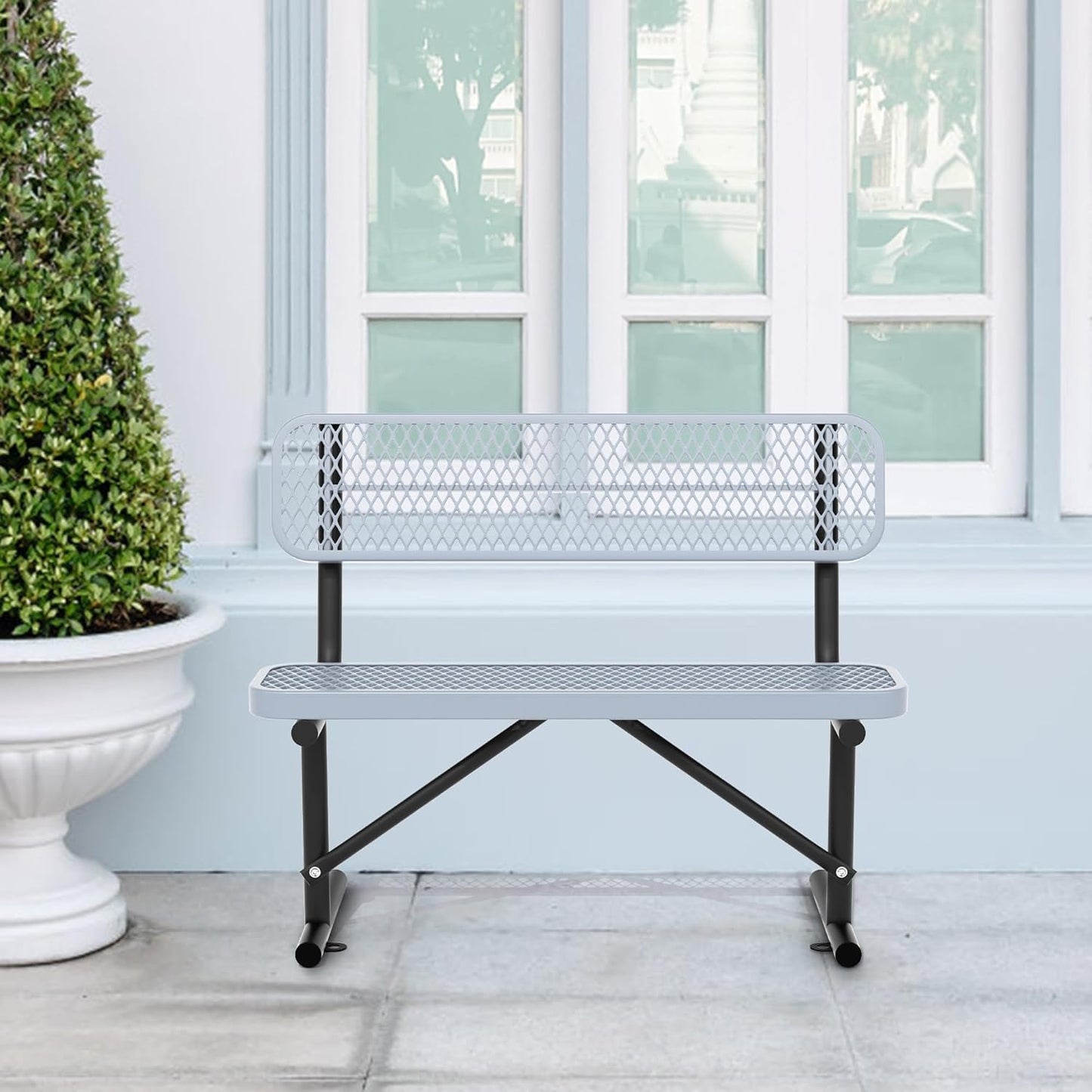 4 Feet Heavy Duty Metal Park Bench for Outside, Outdoor Bench with Backrest & Portable Frame, Commercial Benches for Shopping Malls, Stores, Parks, Patios, Decks, Grey