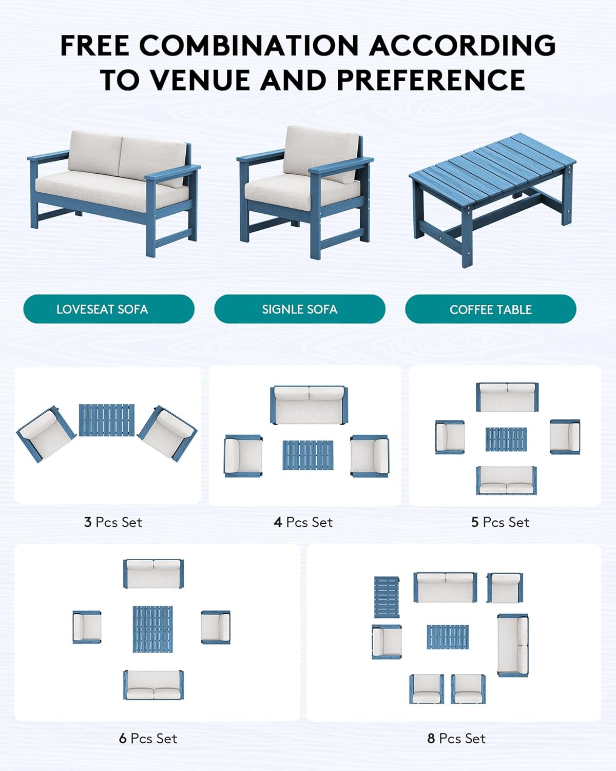 SERWALL 8 Pieces HDPE Outdoor Conversation Sofa Set with Cushions, All Weather Use Couch Loveseat Furniture with Side Table for Balcony, Deck, Poolside, BlueFrame with Khaki Cushions