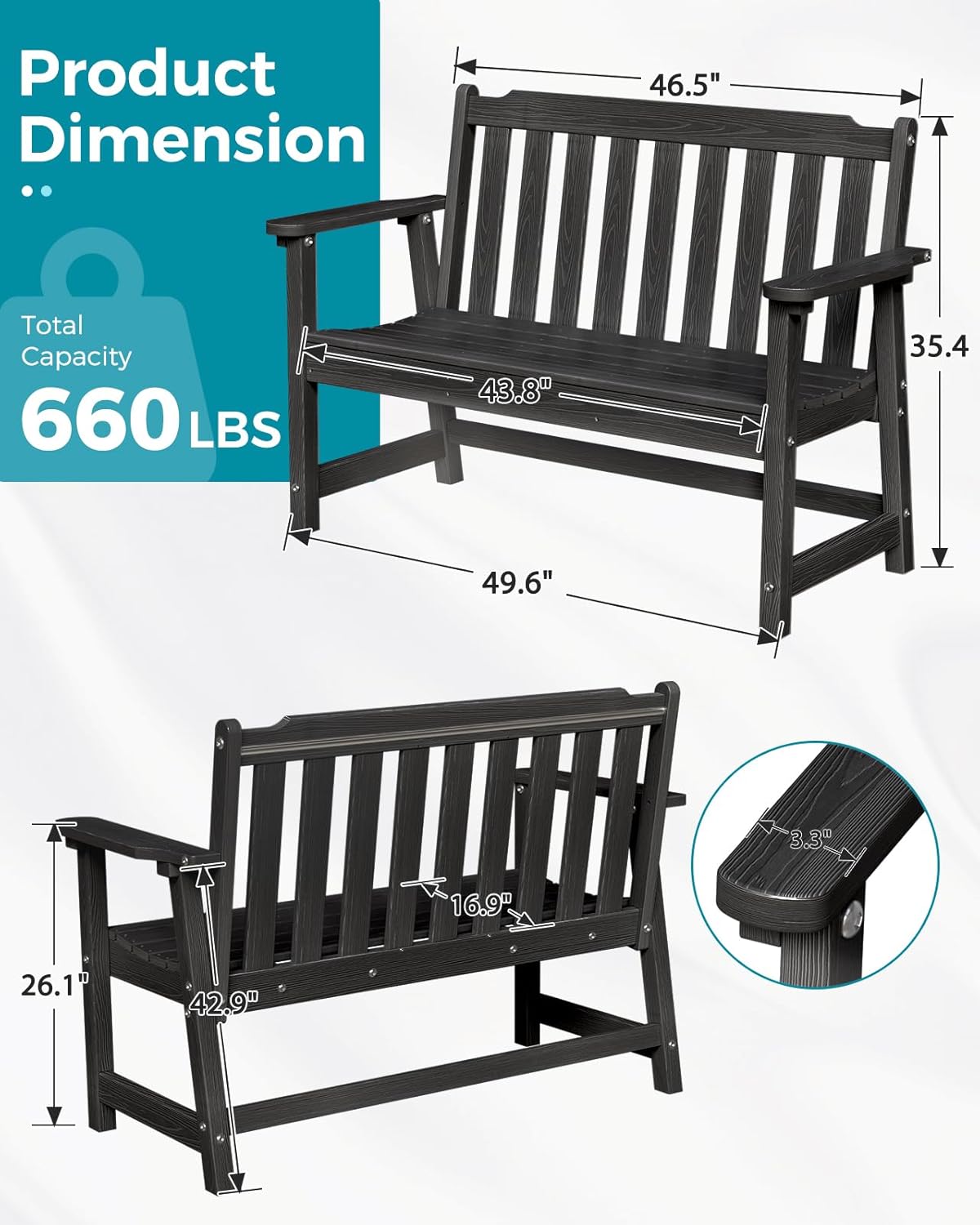Outdoor Bench, 2-Person HDPE Garden Bench, All Weather Poly Patio Bench for Outdoors, Garden, Backyard, Porch and Park, 660 lbs Weight Capacity, Black, 2 Pack