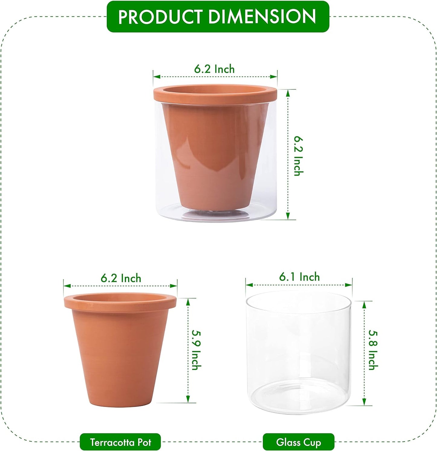 D'vine Dev 6 Inch Design Self Watering Pot for Indoor Plants, Terracotta Planter with Cylinder Glass Cup, Set of 2, 37-Y-B-1