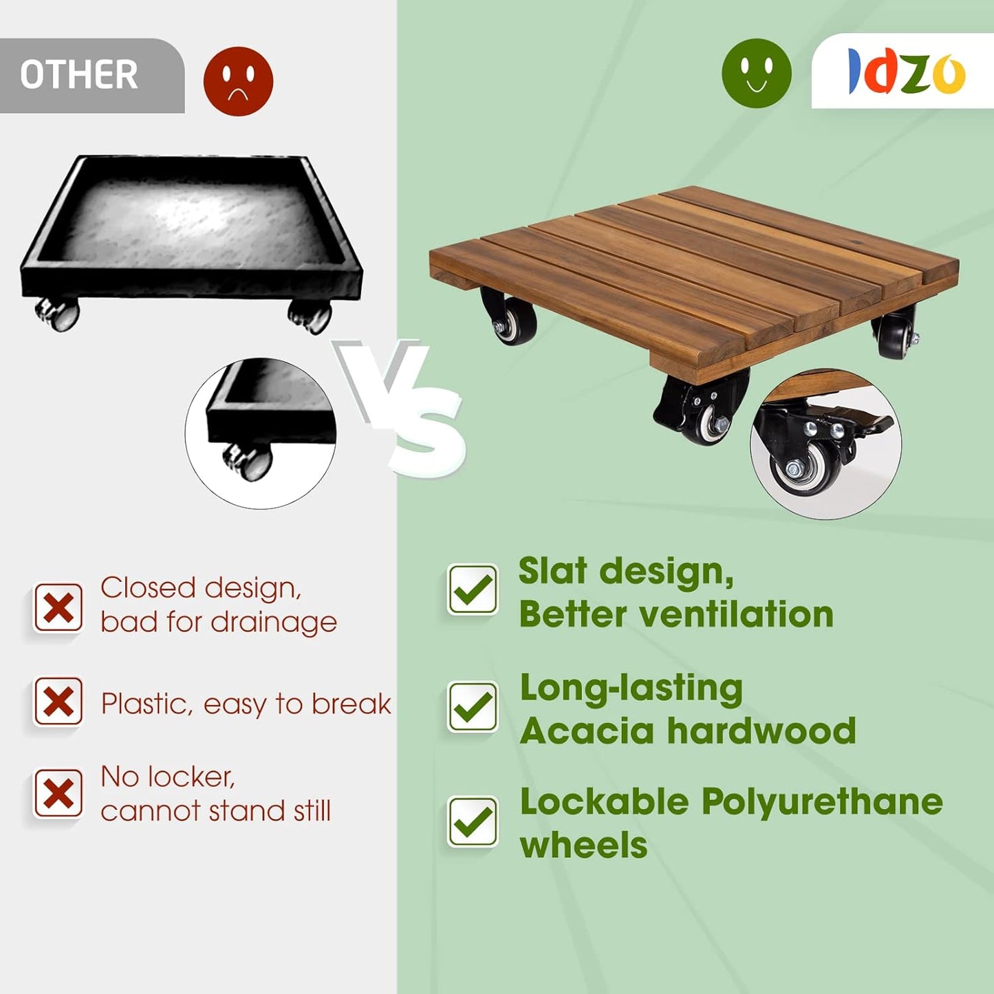 Idzo 2-Pack 12 Inch Acacia Wood Rolling Square Plant Caddy for Plant Pots, Heavy Duty Plant Stand with 360° Lockable Wheels, 264 lbs Capacity Caddy for Indoor and Outdoor Use, Natural Wood