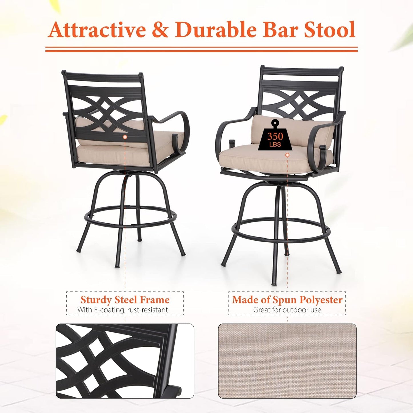 Sophia & William Patio Bar Set 3 Pieces Outdoor Bistro Bar Set with 2 Swivel Bar Stools and 1 Square Bar Height Table, All-Weather Metal Furniture with 1.57" Umbrella Hole and Beige Cushion