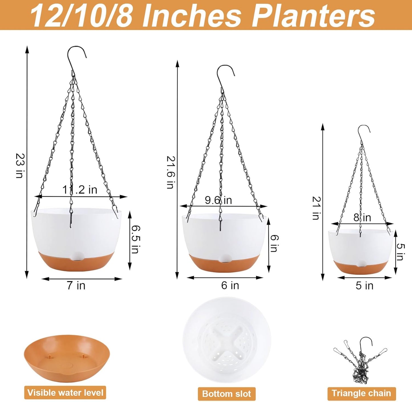 8/10/12 inch Hanging Planters for Indoor Outdoor Plants with Self-Watering Pots, 3 Pack Plastic Hanging Basket with Removable Tray for Home Garden Porch Balcony Patio Decor(White)