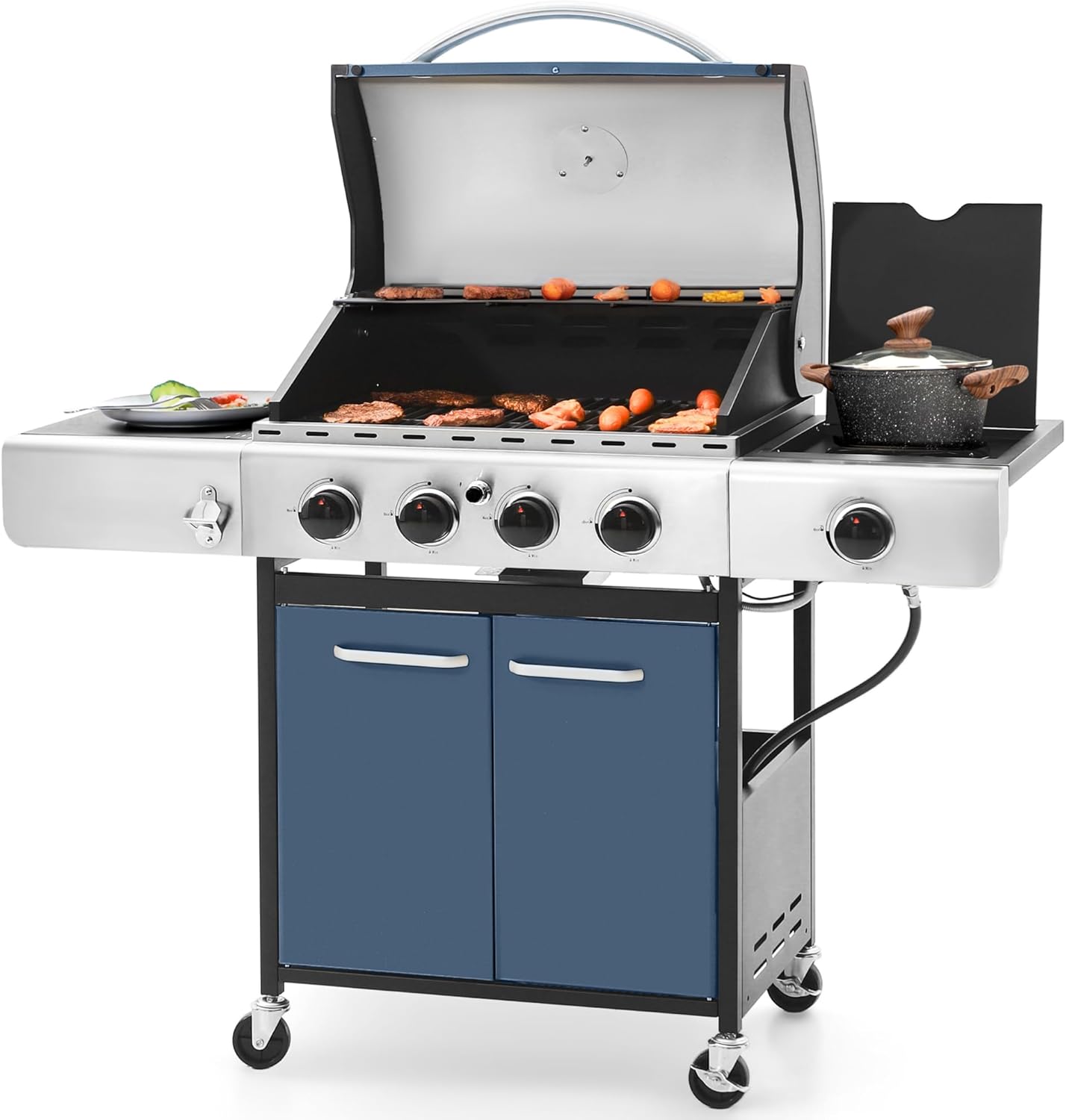 Sophia & William 4-Burner Gas BBQ Grill with Side Burner and Porcelain-Enameled Cast Iron Grates, 42,000BTU Propane Grills Outdoor Cooking Barbecue Cabinet Style, Blue