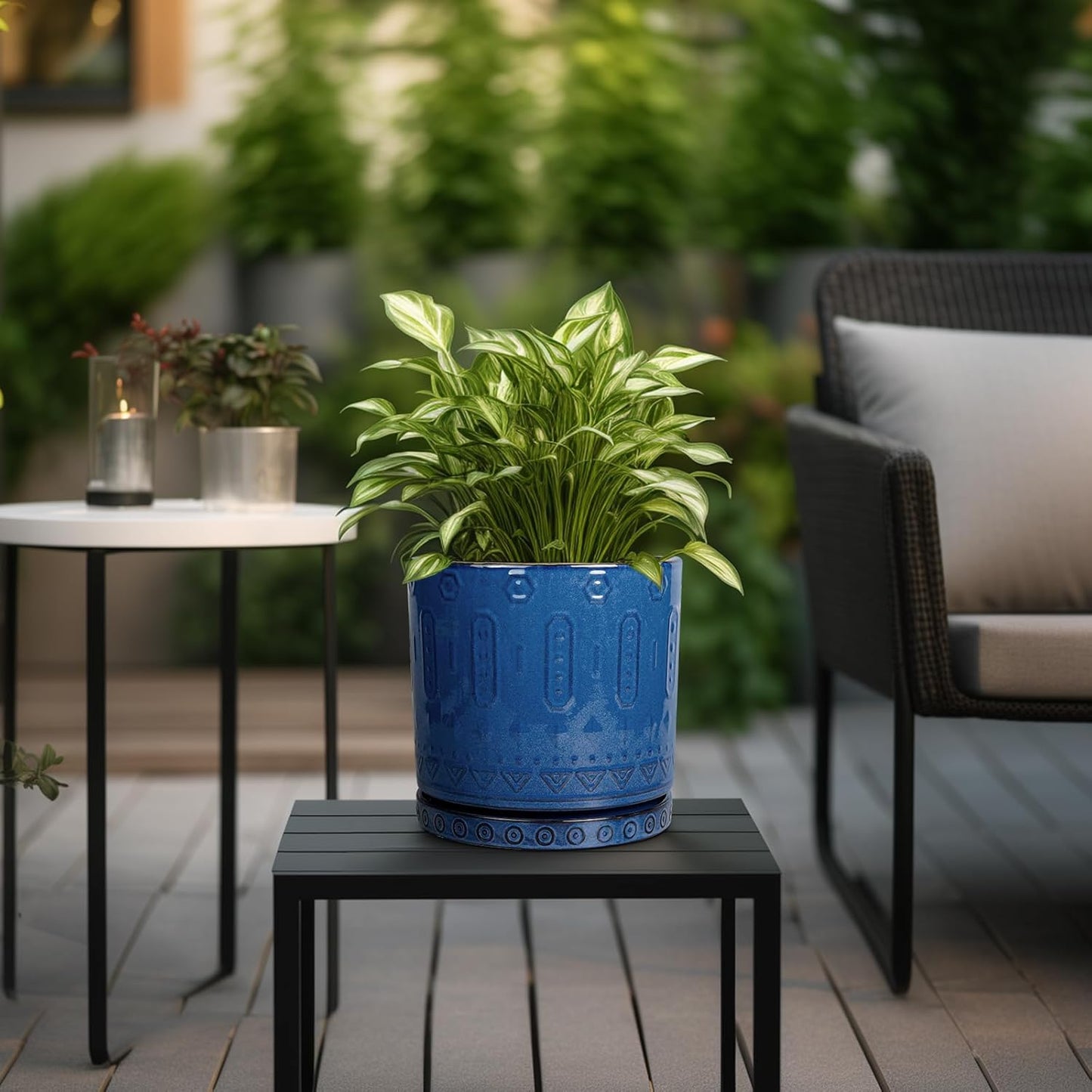 Ceramic Planter - 8 Inch Plant Pot Indoor with Drainage Holes and Saucer Round Planter Outdoor Mid-Century Modern Flower Pot Succulent Pot for Home Decor Blue