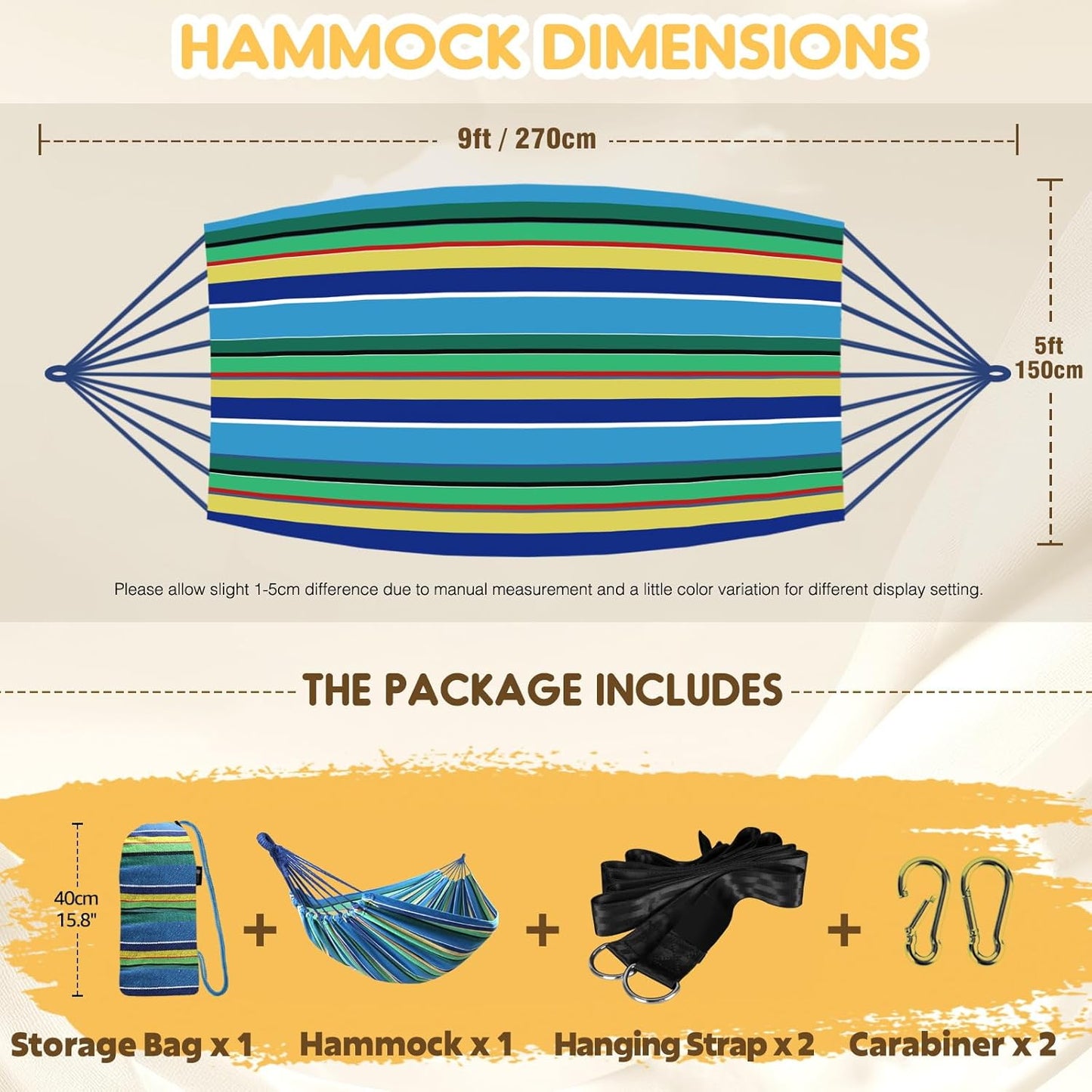 ANYOO Cotton Hammock Portable Camping Hammocks for Hanging Sturdy Garden Comfortable Fabric Hammock with Tree Straps Up to 660lbs with Travel Bag for Camping Outdoor/Indoor Patio Backyard