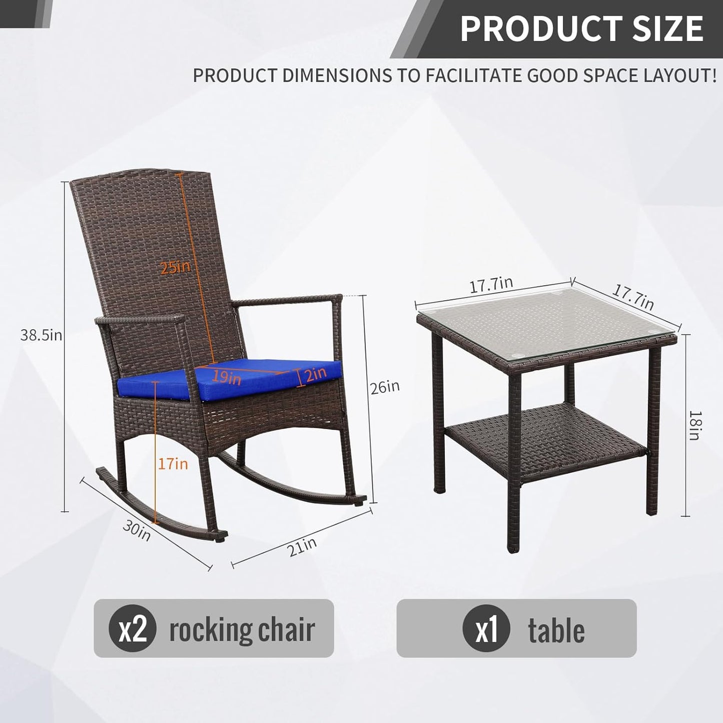 Outdoor Rocking Chairs Set - 3 High-Backed Patio Rockers with Bistro Table & Anti-Slip Cushions, Dark Blue