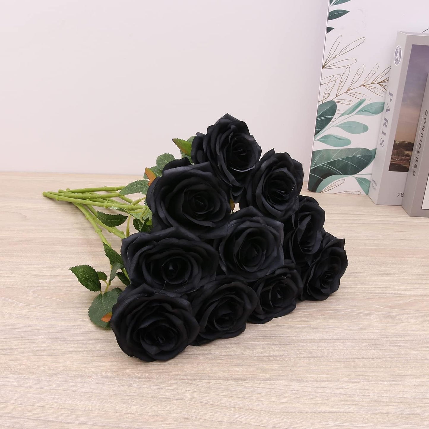 Artificial Rose 10pcs Open Flower Bouquet Black Faux Rose Stems for Wedding Arrangement, Bridal Bouquet, Centerpiece, Fake Faux Silk Flowers