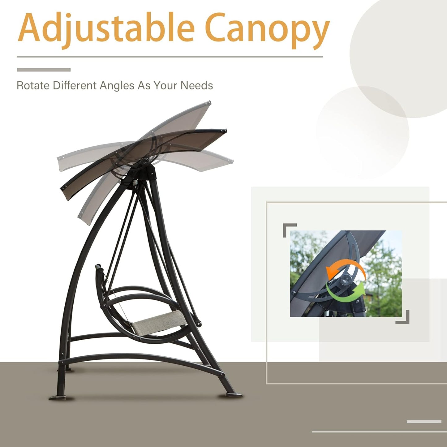 Domi Porch Patio Swing with Adjustable Canopy, 3-seat Swing with Stand, Outdoor Swings w/Armrests, Weather Resistant Steel Frame and Textilene Fabric Dark Brown