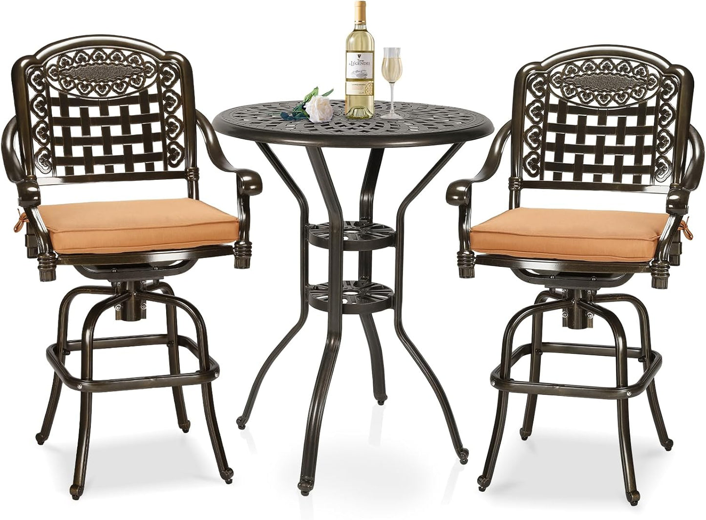 3-Piece Patio Swivel Bar Set, High Top Bar Table & Chairs, All-Weather Cast Aluminum Swivel Bar Stools (2) & 31" Table, Patio Bistro Set for Garden
