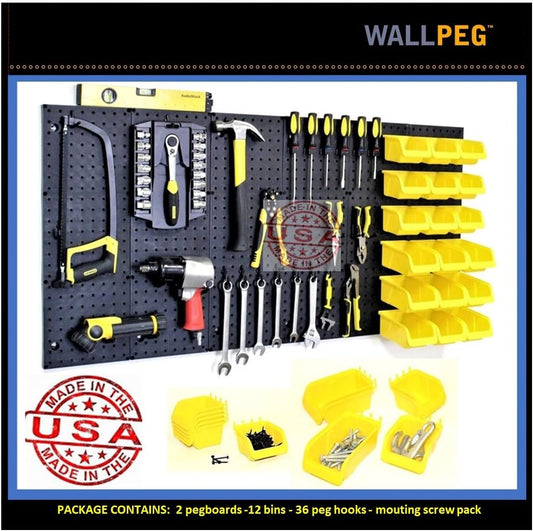 WallPeg 2 Black Pegboard Panels (24"x16" Each) with 6 Medium 5" Bins, 6 Large 7" Bins & 36 Flex-Lock Peg Hooks – Heavy-Duty Wall Storage Organizer – Made in USA