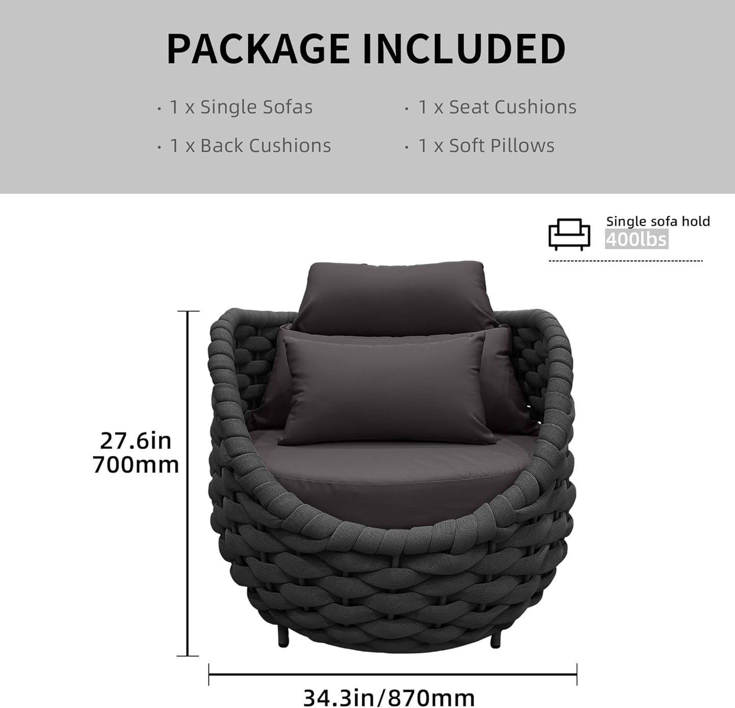 TWT 6 Pieces Patio Sofas All-Weather Teslin Rope Balcony Furniture with Cushions & Pillows, Patio Couch Outdoor Patio Furniture Set for Indoor, Balcony, Backyard, Poolside, Dark Grey