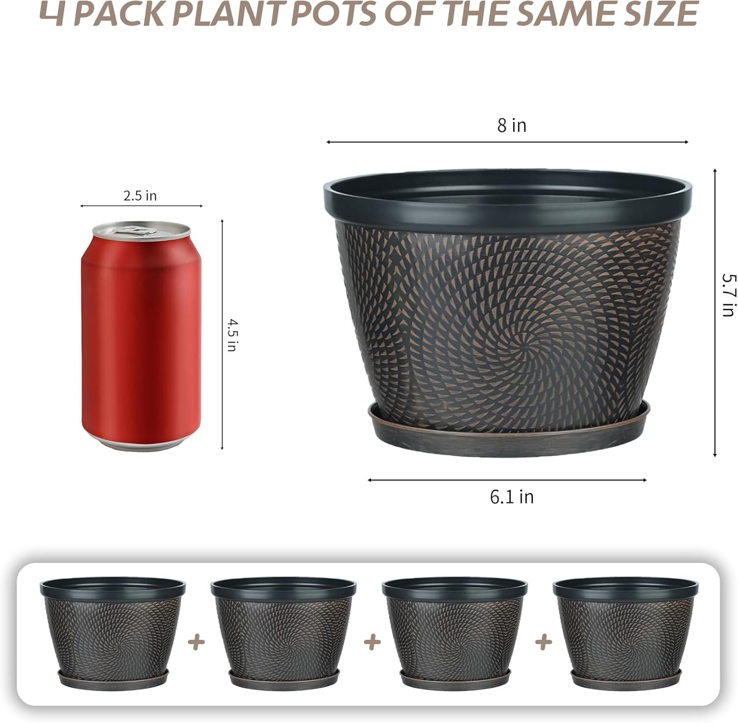 Quarut 4 Pack 8 Inch Flower Pots for Outdoor Indoor, Plastic Plant Pots with Drainage Hole & Saucer, Lightweight Small Flower Pot, Circle Pattern Planters for Garden House planters（Black Copper）