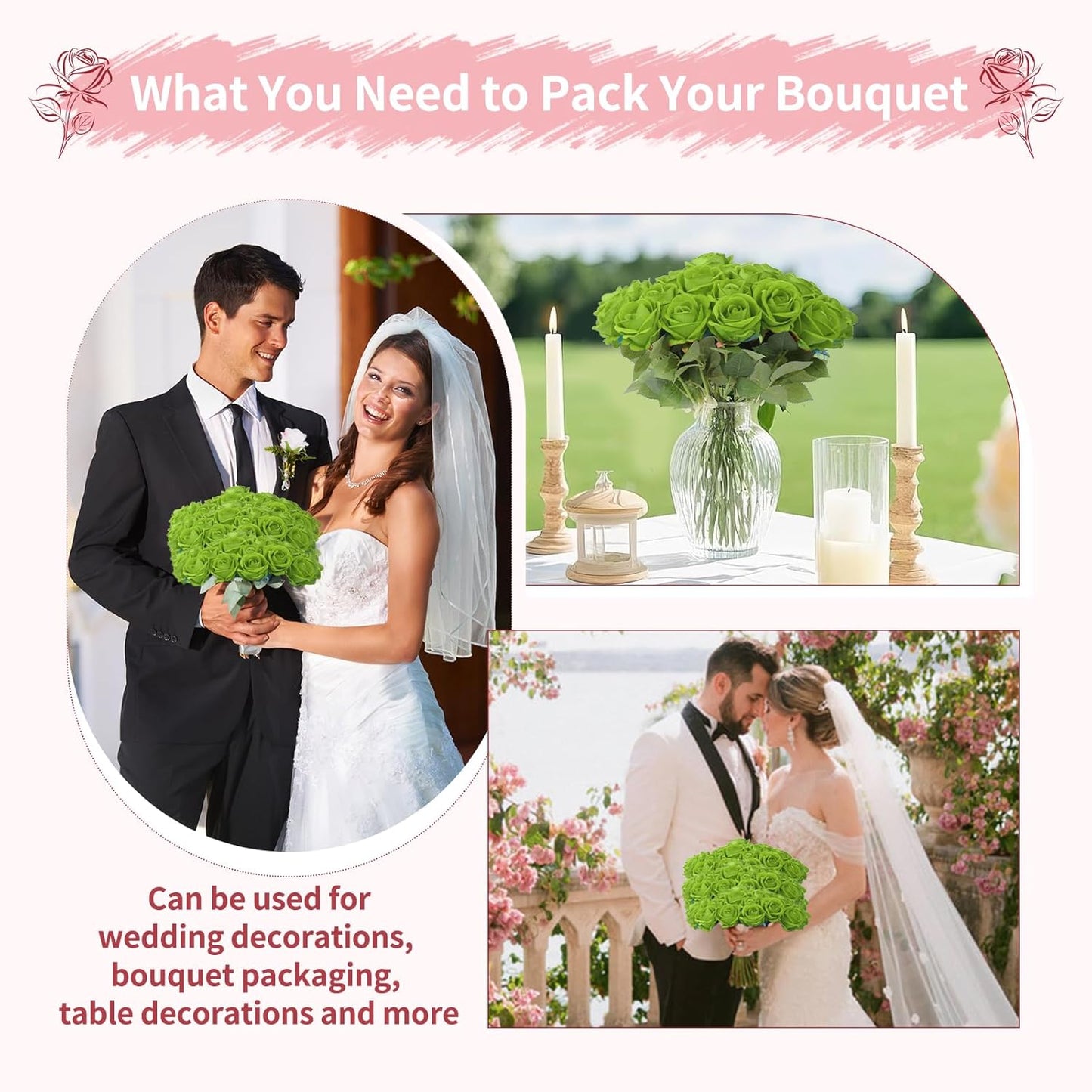 102 PCS Fake Roses Artificial Flowers Bulk, Green Roses Bridal Bouquet Silk Faux Rose with Stems for Wedding Flowers Decoration, Valentine's Day, Bridal Bouquet, Anniversary,Home Decor (102PCS, Green)