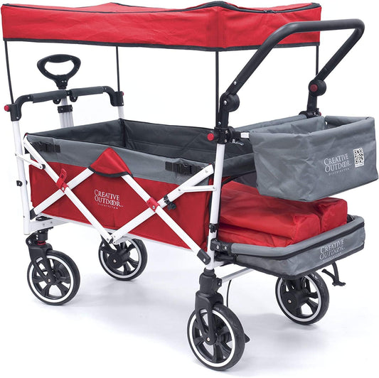 Creative Outdoor Push Pull Collapsible Stroller Wagon for Kids with Canopy,150lbs Weight Capacity, Folding Cart, Titanium Series Plus, Beach, Park, Garden (Red & Grey)