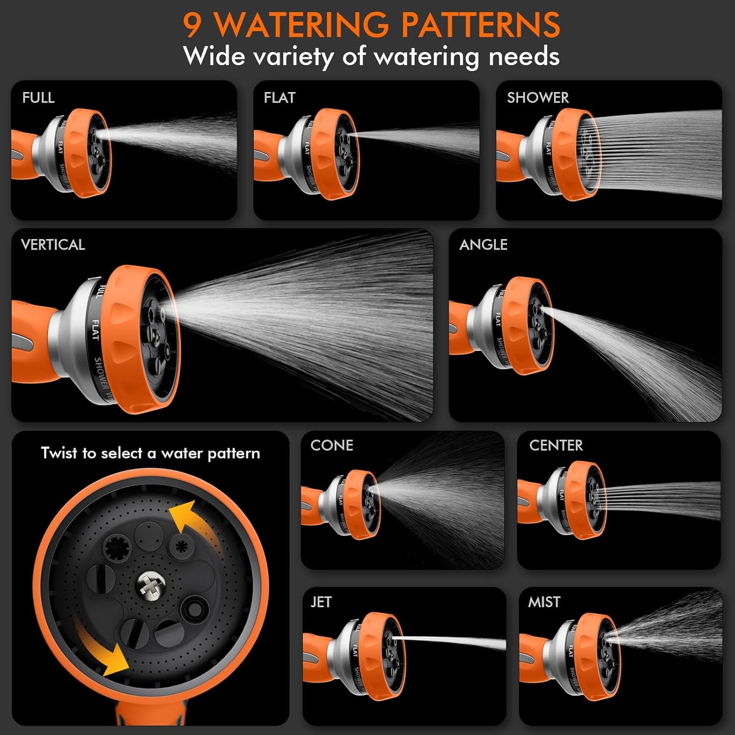 RESTMO Hose Nozzle Heavy Duty, Metal Water Hose Sprayer for Garden, 9 Spray Patterns | High Pressure | Thumb Flow Control | On/Off Valve, Ideal for Lawn & Plant Watering, Car & Pet Washing, Orange