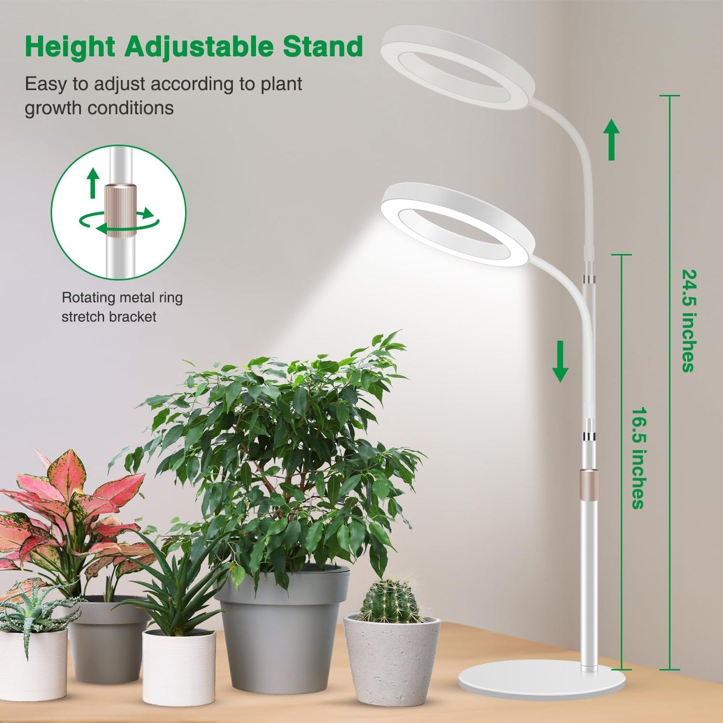 Grow Lights for Indoor Plants, 80 LED Full Spectrum Desk Plant Light for Growing Small Plant, Height Adjustable 24.5" Halo Grow Lamp with Base, 6/12/16H Timer, 3 Light Modes, 5 Dimming