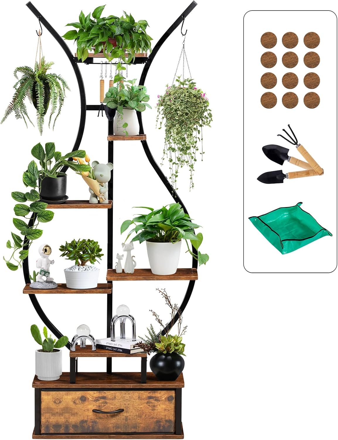 7-Tier Indoor Plant Stand with Hanging Hooks & Drawer, 68.1" Tall Vase-Shaped Corner Plant Stand includes Tool Hangers, Aesthetic Tall Plants Shelf for Multiple Plants Flower Pot, Outdoor Plant Holder in Patio Balcony