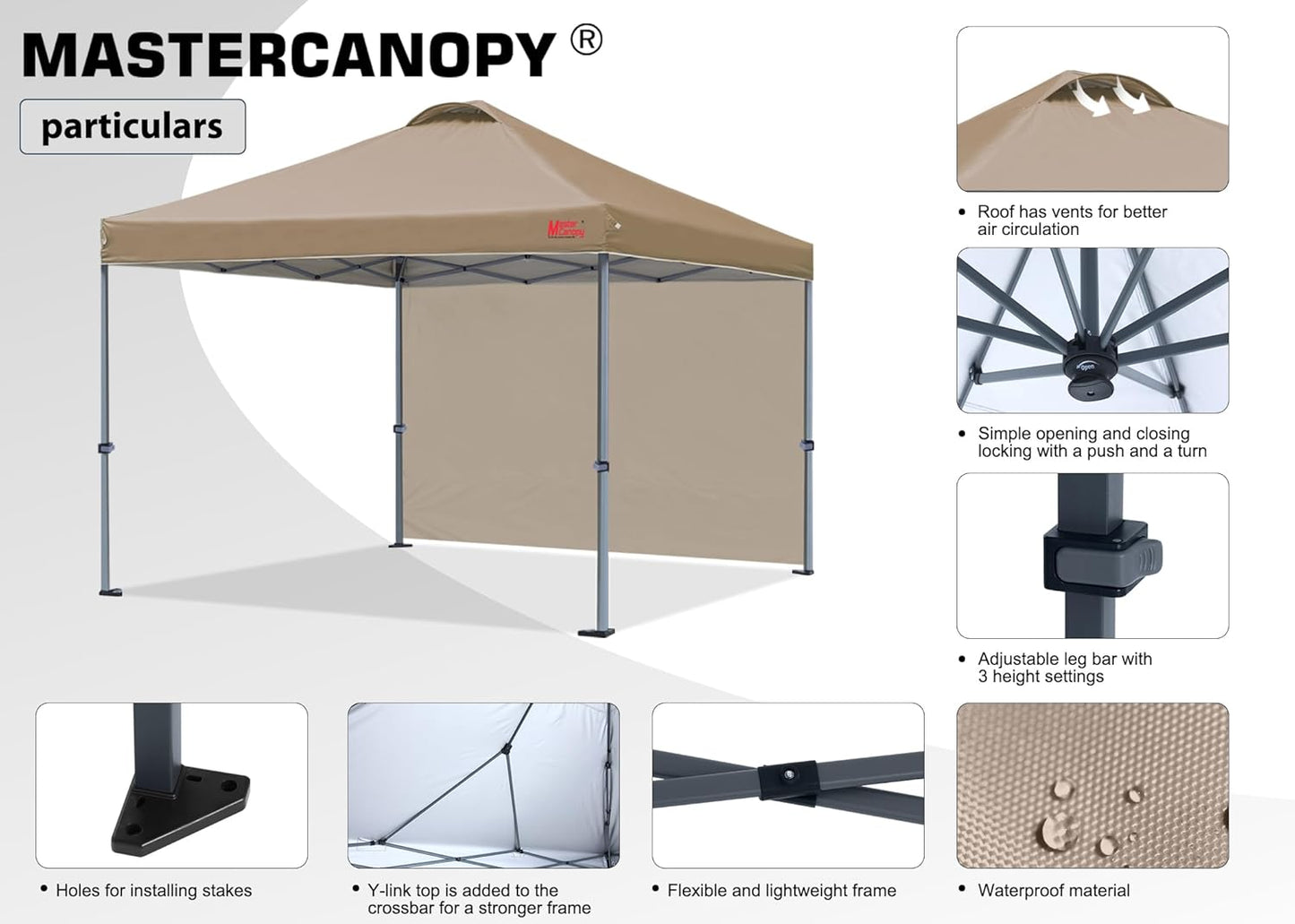 MASTERCANOPY Pop up Canopy Tent with 1 Sidewall (12x12 ft, Khaki)