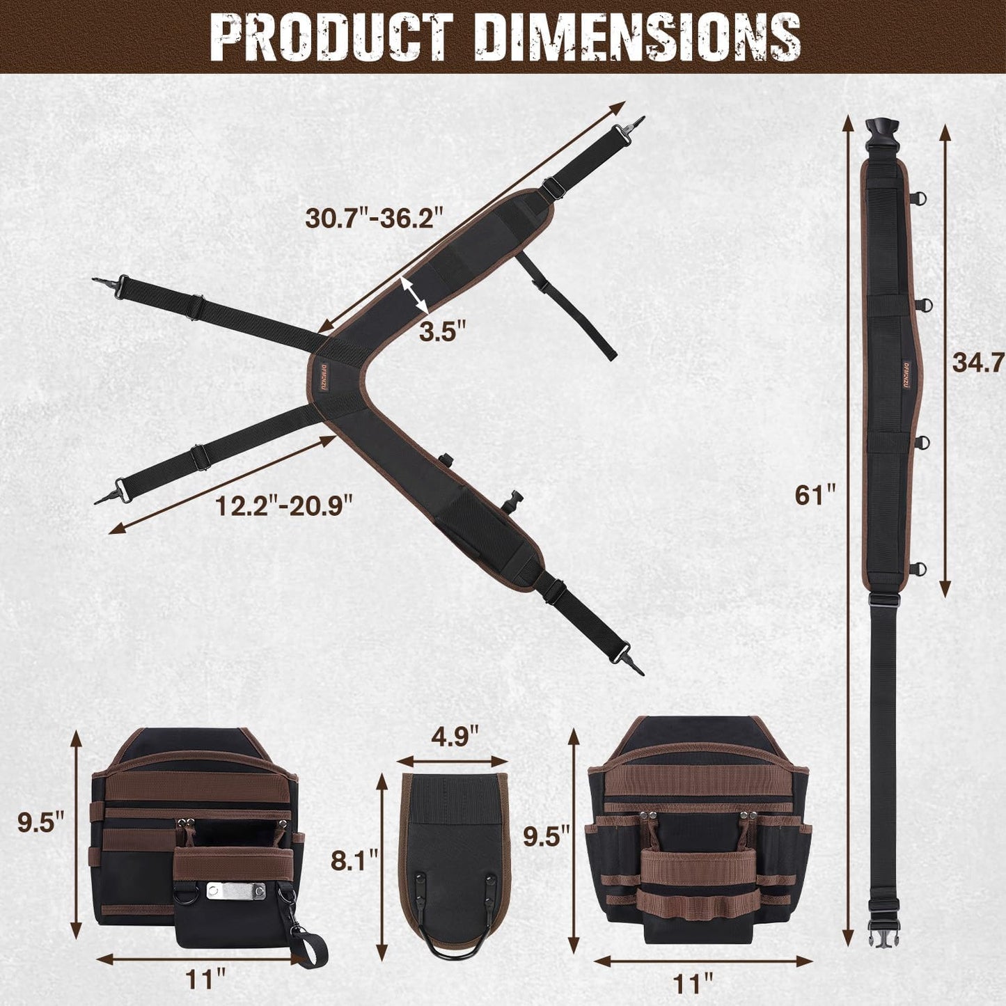 Tool Belts for Men, 36 Pockets Tool Belt with Suspenders, Heavy Duty Tool Belt Suspenders with Detachable & Adjustable Tool Pouches Bag for Electrician, Carpenter, Construction, Framers(35"-61")