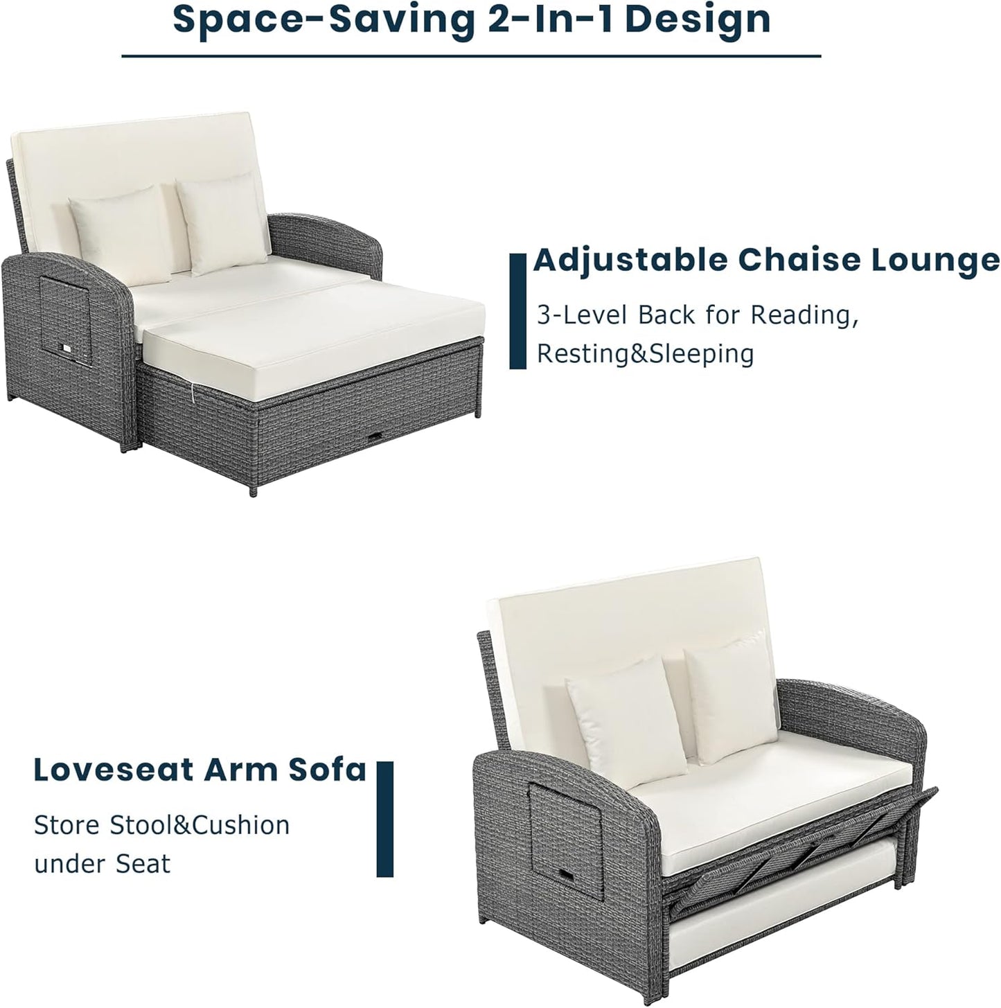 43.7” Patio Rattan Daybed Set, PE Wicker Rattan Double Chaise Lounge, 3-Level Adjustable Back and Cushions, Free Furniture Protection Cover, White