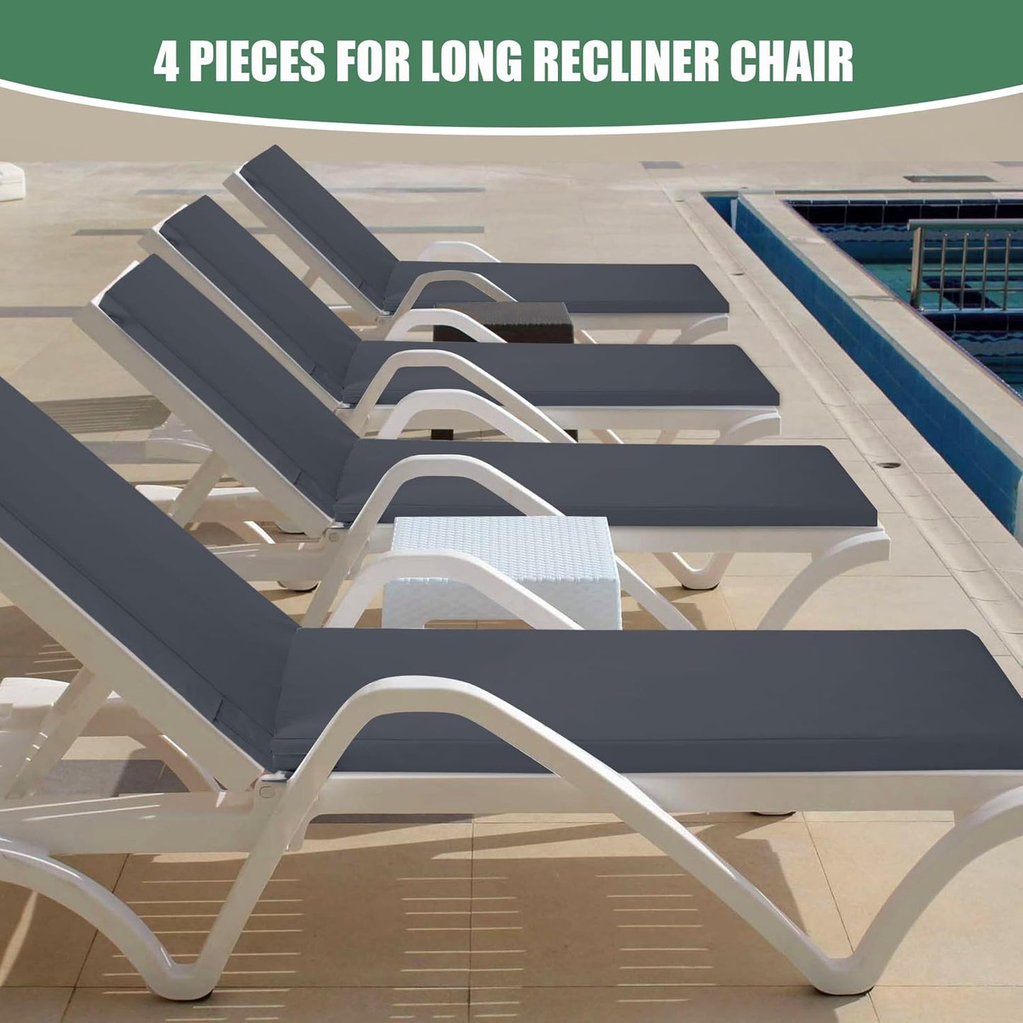 Chaise Lounge Cushions Outdoor Set of 4 - Waterproof and Fade Resistant Sun Lounger Replacement Cushions - Patio Lounger Pads with Removable Cover for Pool, Deck, 72 x 21 x 3 Inch, Dark Grey