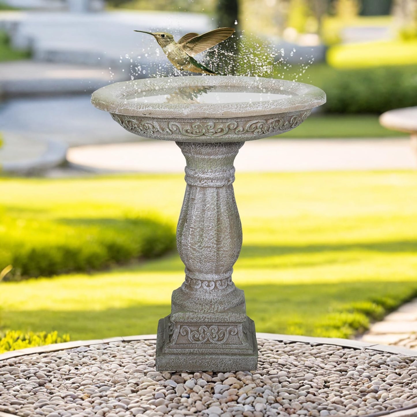 SunJet 23.8 Inch High Concrete Bird Bath with Carved Pedestal – Birdbath Sturdy & Elegant Design, Stone-Like Texture, Attracts Birds and Enhances Garden, Patio, Yard, Lawn Decor