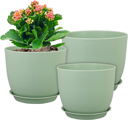 Flower Pots 9/8/7.5 inch, Plant Pots for Indoor Outdoor Plants, Set of 3 Modern Decorative Plastic Planters with Drainage Holes and Saucers for Garden Porch House Plants, Green