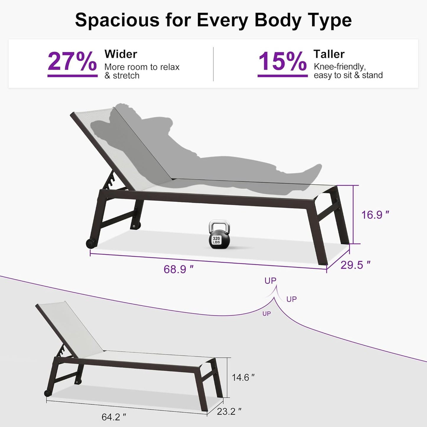 PURPLE LEAF Oversized Patio Lounge Chairs Set of 3, Reclining Pool Lounge Chairs with Side Table and Wheels for All Weather for Outdoor, Deck, Lawn, Aluminum Outside Pool, Linen