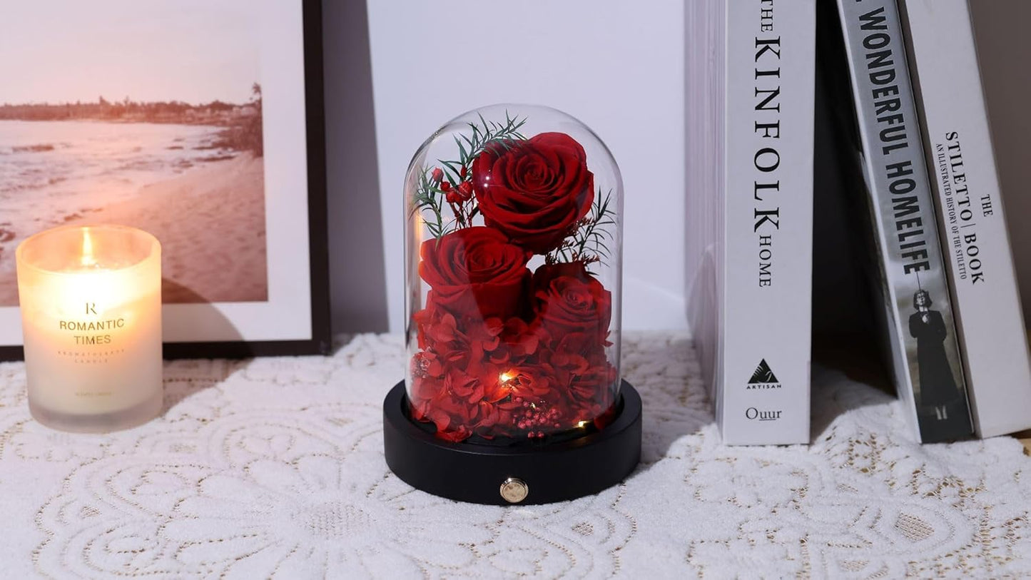 Flowers Forever for Delivery, Preserved Rose in Glass Dome with LED Gifts for Her, Forever Flower for Women on Valentines Day, Mothers Day, Anniverysary, Birthday, Red