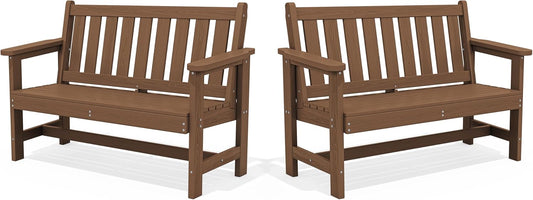 SERWALL Outdoor Bench, HDPE Outdoor Benches Weatherproof, 2-Person Garden Bench with 660 lbs Weight Capacity, Patio Benches for Outdoors, Garden, Porch, Backyard and Park, Brown, 2 Pack