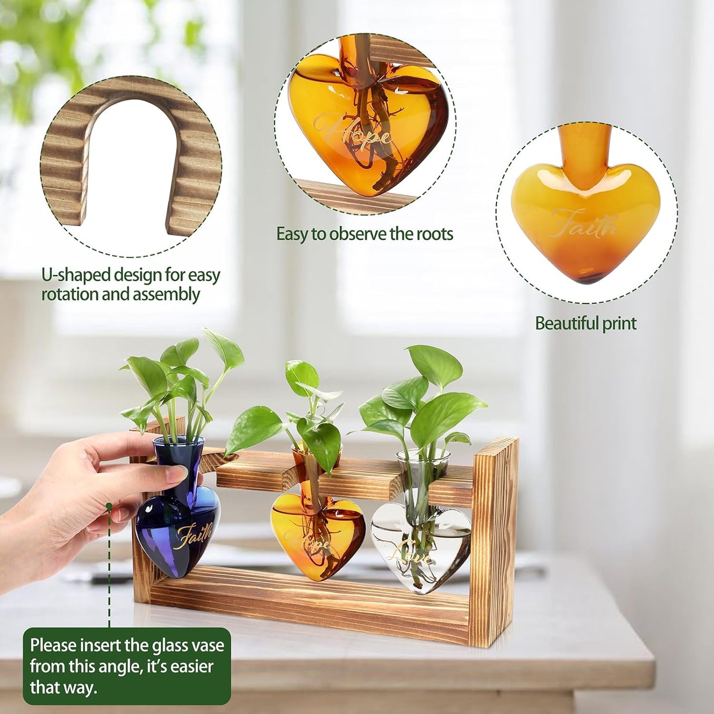 Plant Terrarium Propagation Stations Faith Hope Love Hydroponics Home Garden Decoration Gift for Women with Wooden Stand Heart Shaped Colored Glass Vase