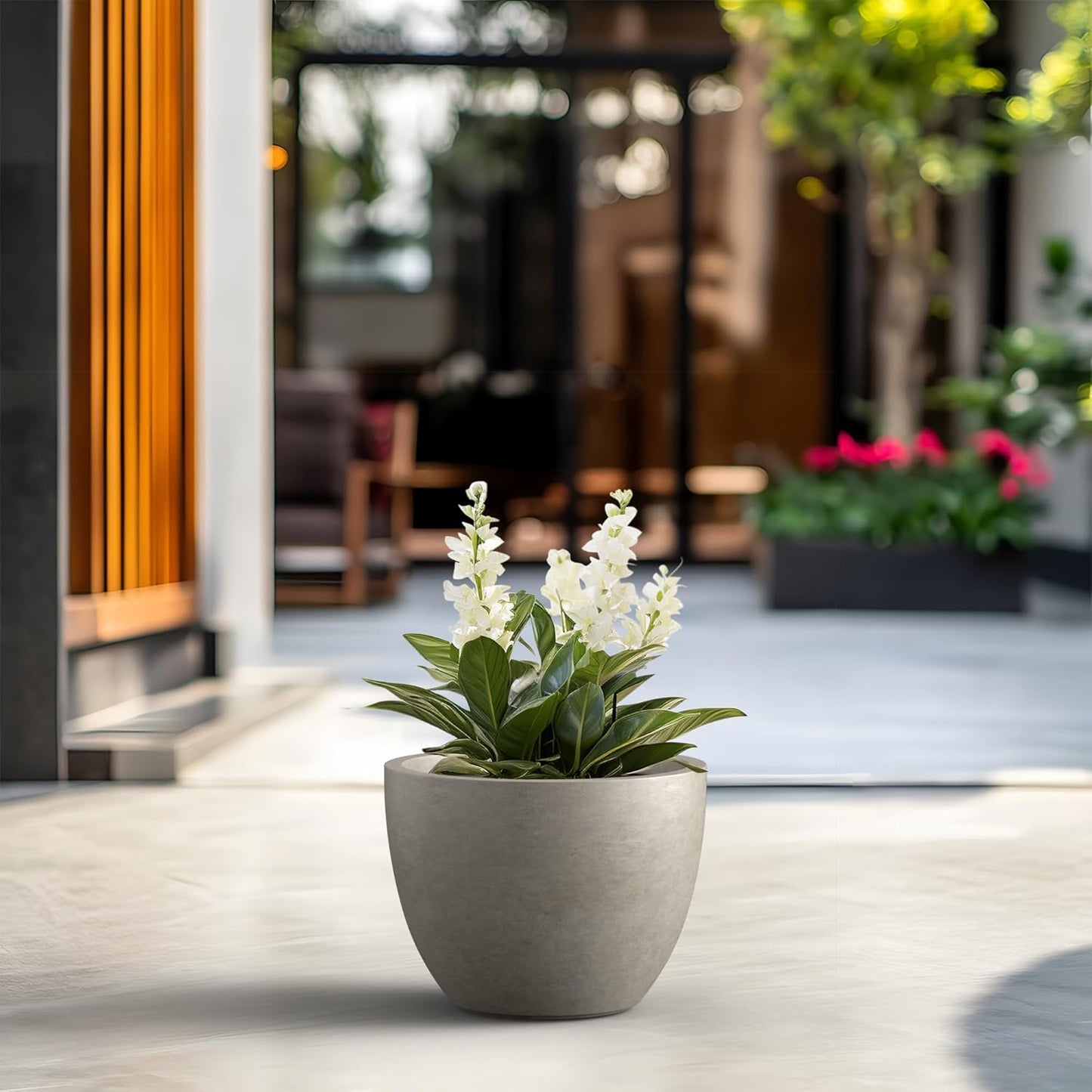 Kante 14.2 Inch Round Concrete Planter - Classic Large Plant Pot with Drainage Hole and Rubber Plug, Suitable for Gardens and Patios, Weathered Concrete Finish with Forest Green Interior