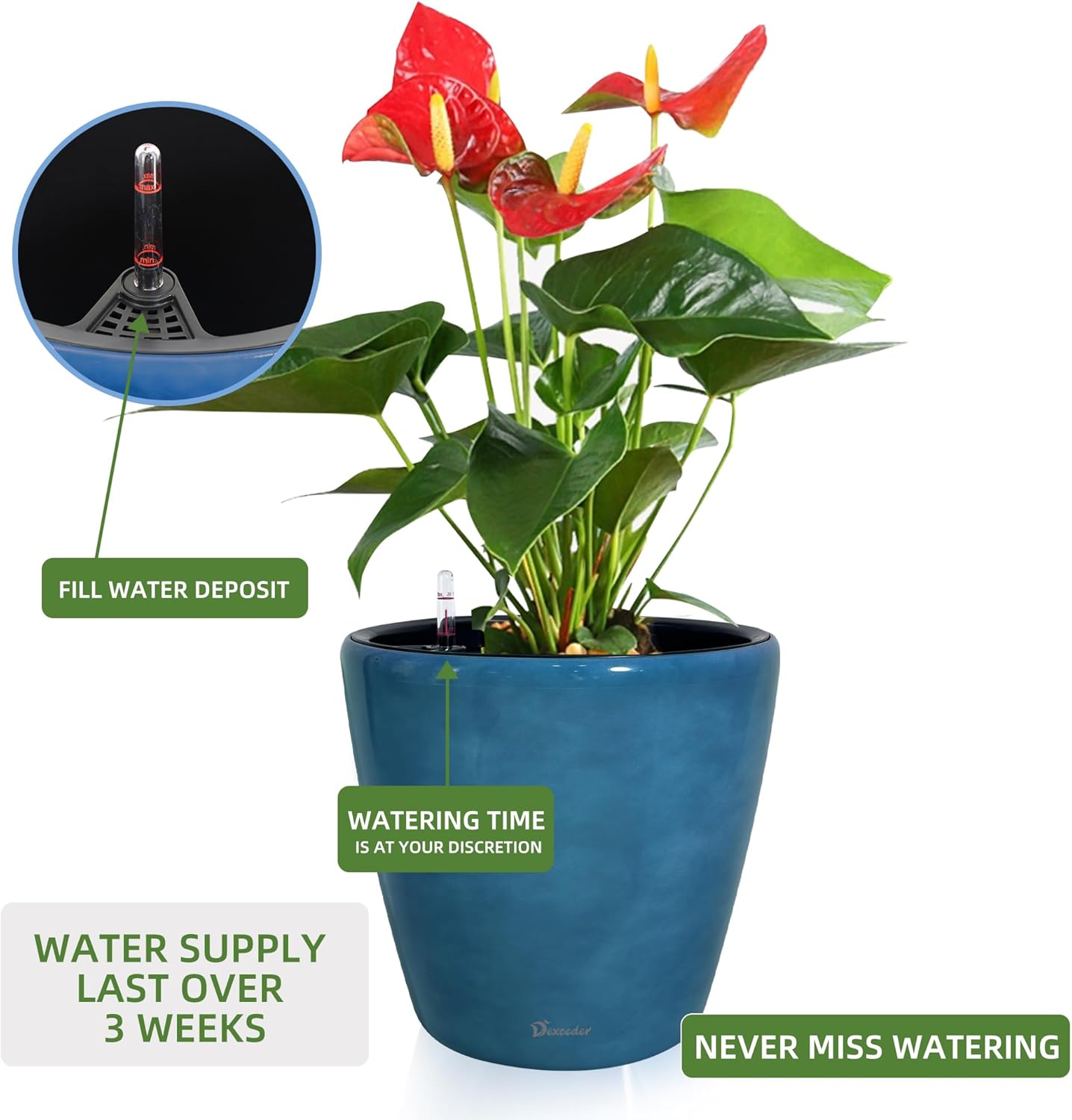 Dexceder 18x17 Self Watering Planter with Wheels Indoor Outdoor, Inner Pot Design, Thickened Large Floor Standing Flower Plant Pot with Water Level Indicator (Peacock Blue Gradient)