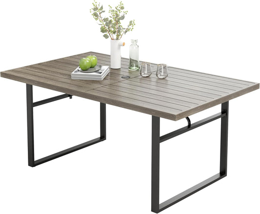 Outdoor Patio Dining Table for 6, Teak Rectangle Patio Table with Umbrella Hole, E-Coating and Powder Coating Steel Frame Metal Table for Garden Backyard Lawn Yard